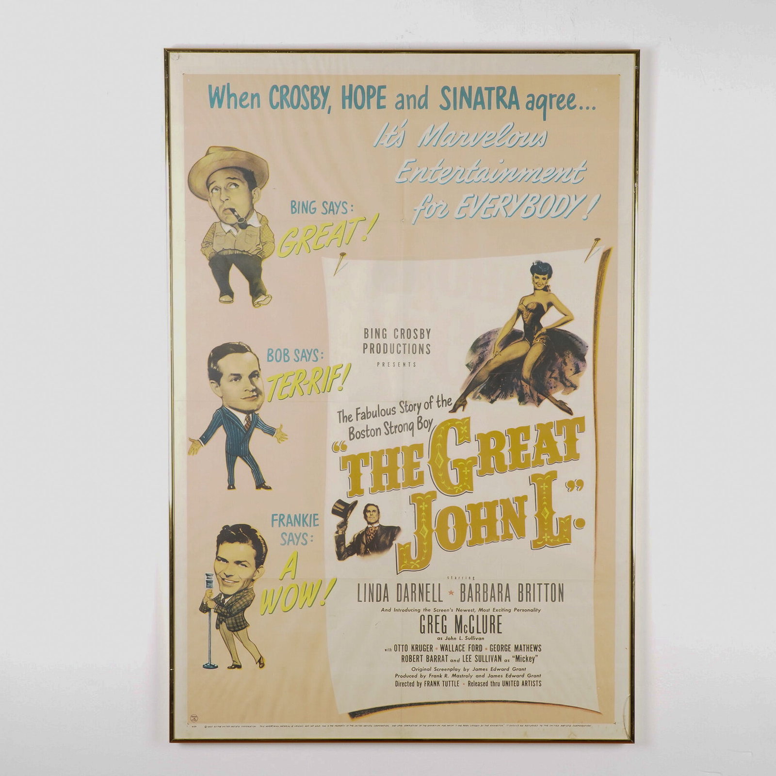 The Great John L. Promotional Movie Poster: Vintage The Great John L. movie poster, framed in a gold-tone metal frame with a wire hanger. This 1945 film, produced by Bing Crosby Productions and released by United Artists, stars Greg McClure as