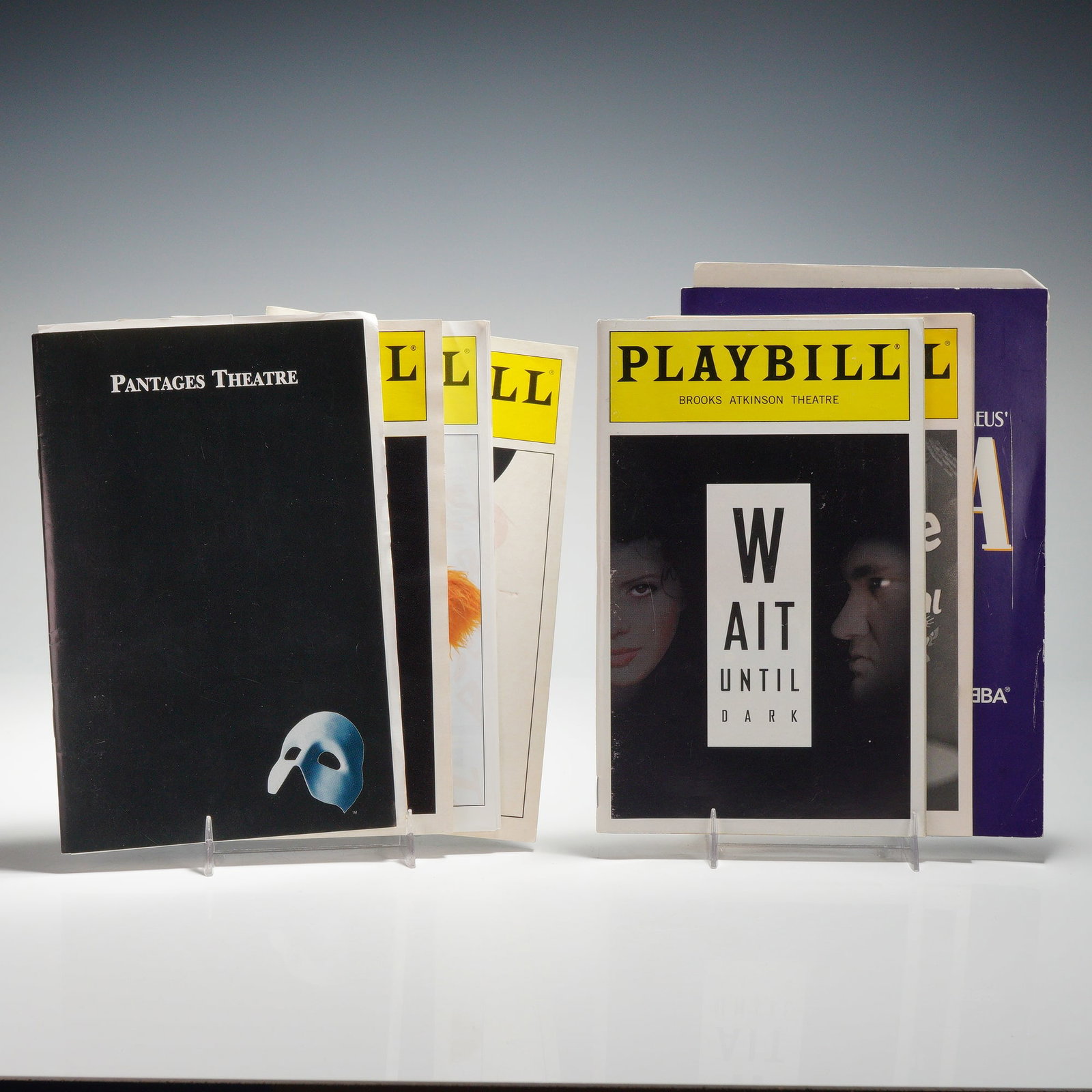 8pc Broadway and West End Playbills and Programs, Including Wicked: Group of theater ephemera including Playbills and one London program. Titles seen include The Broadway Bears VIII, Menopause The Musical, Cats, Wicked at Gershwin Theatre, Wait Until Dark, Phantom of