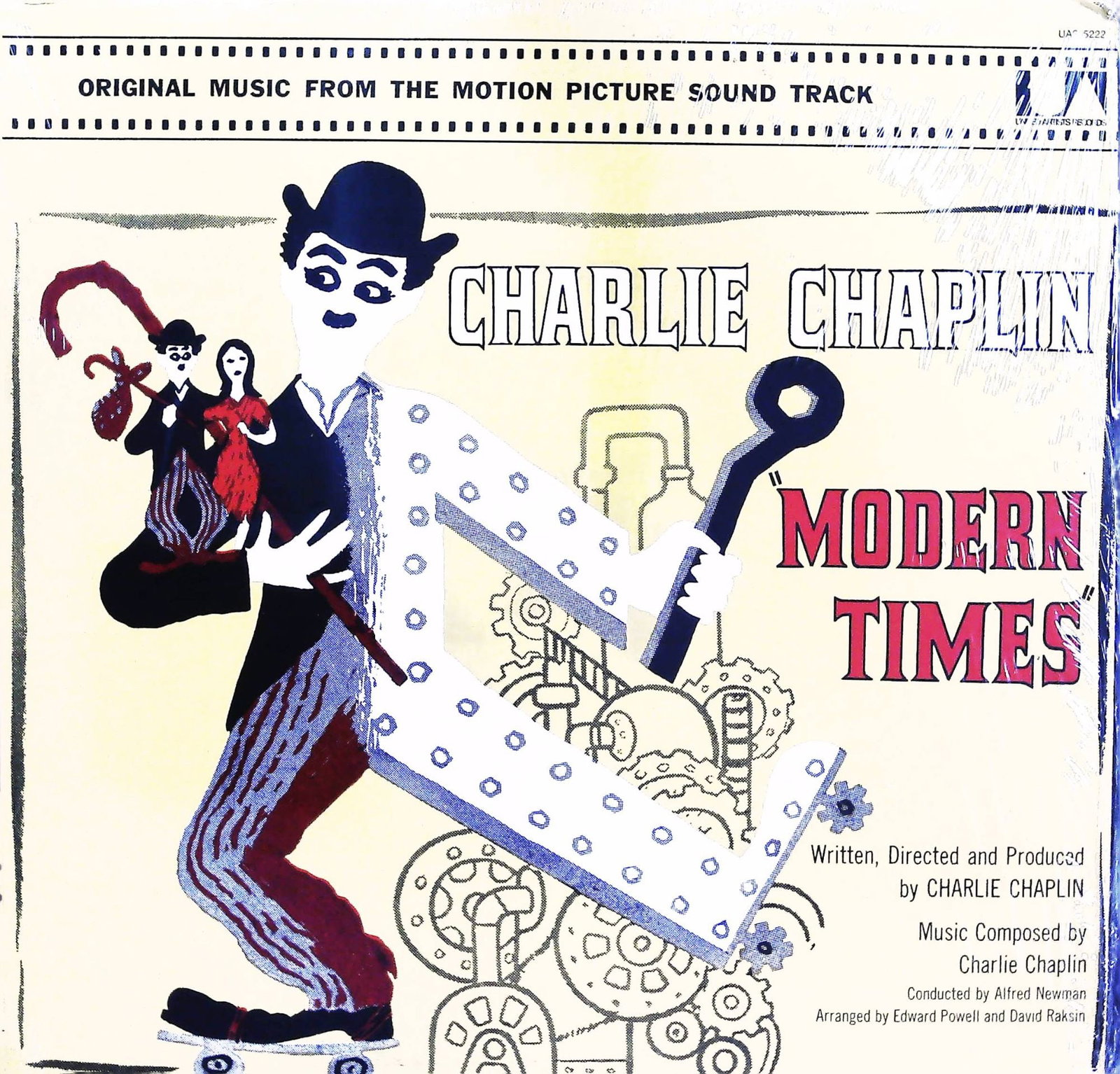 Charlie Chaplin Modern Times Original Motion Picture Soundtrack LP Album: An original LP record album for Charlie Chaplin Modern Times Original Motion Picture Soundtrack. Bearing the United Artists (UA) catalog number UA 5232, features a vibrant, illustrative, mid-20th-cent