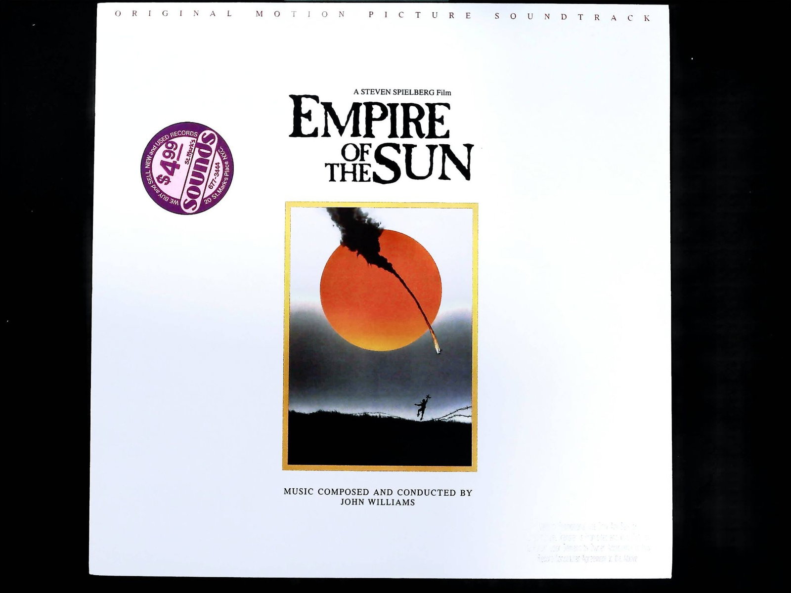 John Williams Empire of the Sun Original Soundtrack Promotional Vinyl LP: A single-disc vinyl LP record album for the Empire of the Sun Original Motion Picture Soundtrack, featuring music composed and conducted by John Williams. The album was released by Warner Bros. Record