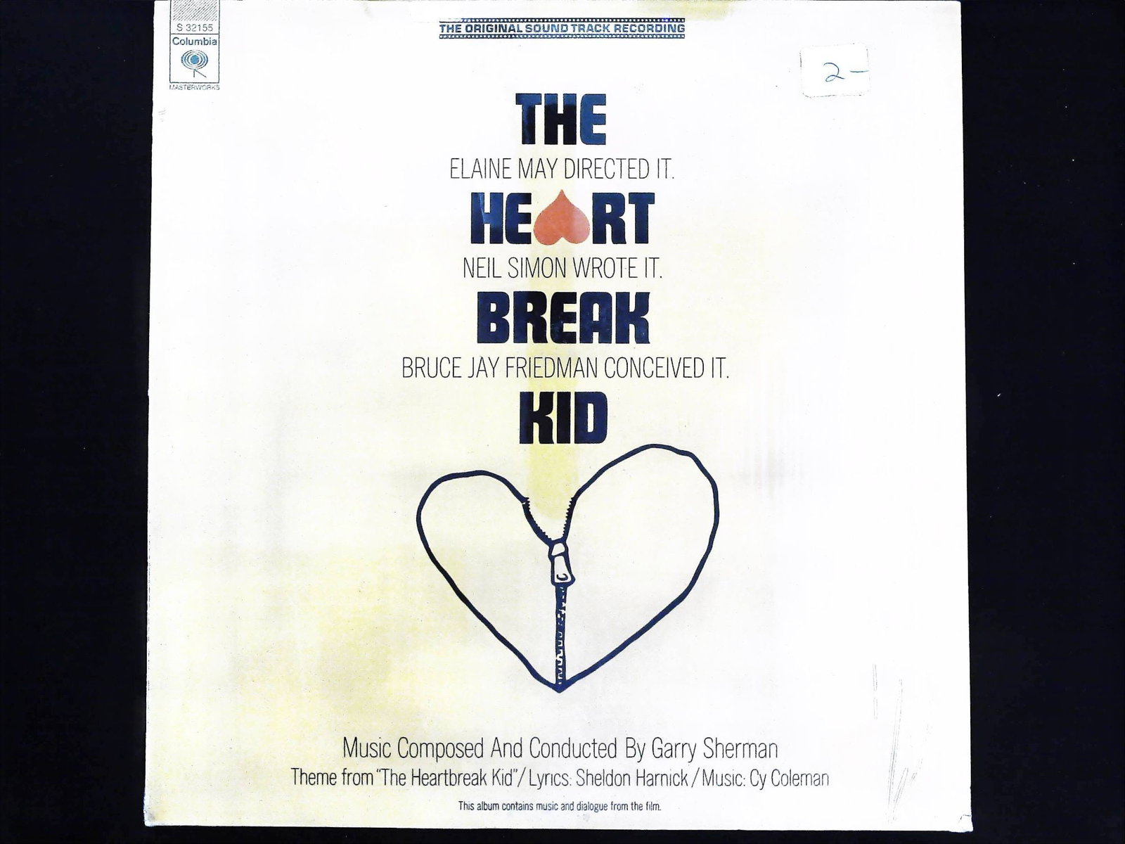 Heartbreak Kid Original Soundtrack LP: A single Original Soundtrack LP Record for the 1972 film The Heartbreak Kid, featuring music composed and conducted by Garry Sherman. This vinyl disc is housed in its original cardboard jacket. The re