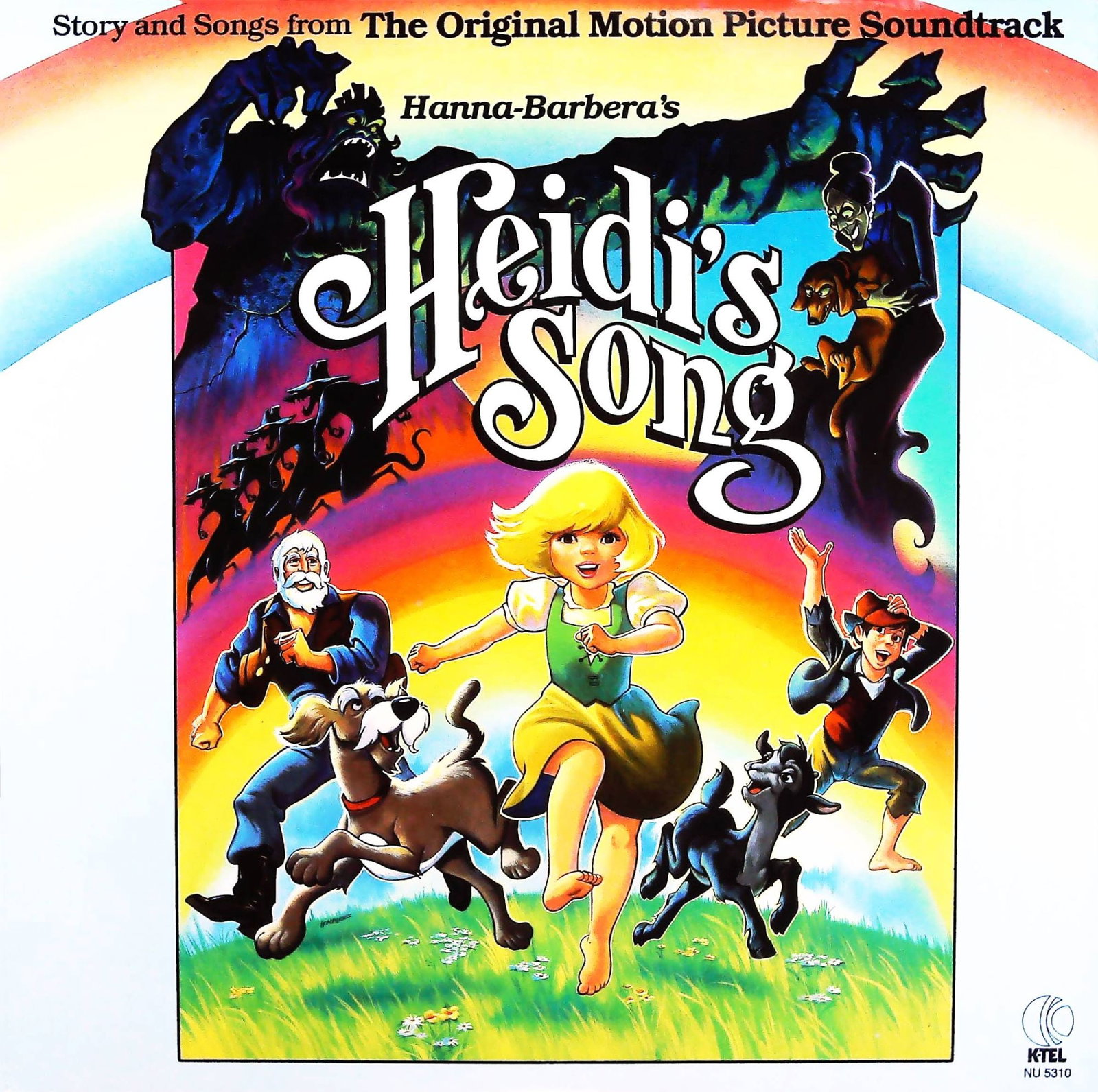Heidi's Song - Hanna-Barbera Soundtrack LP (1982): Hanna-Barbera's Heidi's Song Original Motion Picture Soundtrack Vinyl Album, a vintage, printed cardboard record album cover from the early 1980s. The front features vibrant, colorful animated artwork