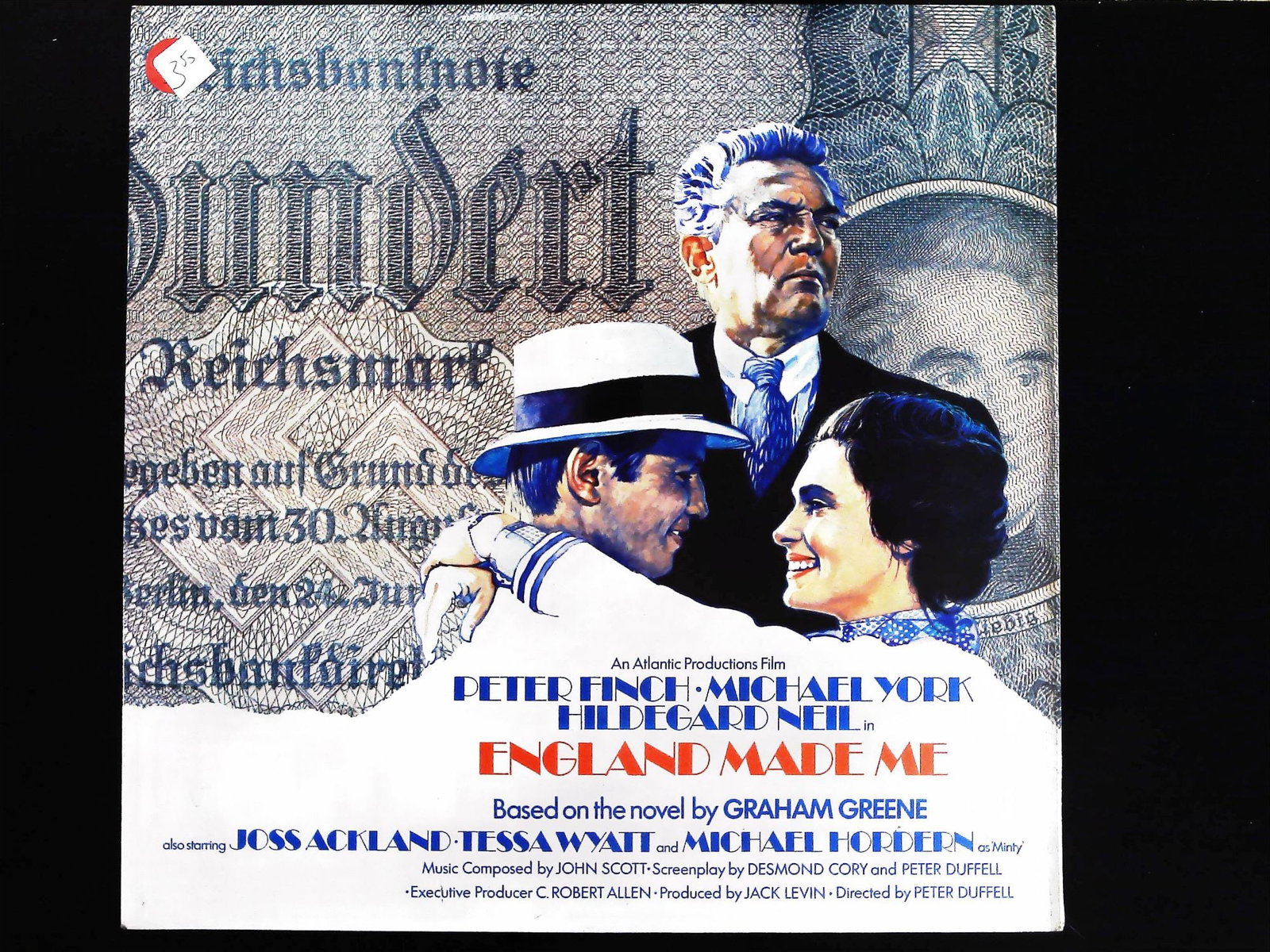 John Scott England Made Me Original Soundtrack LP Record DJLPS 431: A single black vinyl Original Soundtrack LP Record for the 1973 film England Made Me, composed by John Scott, featuring cover art based on a Reichsbanknote and listing stars Peter Finch, Michael York,