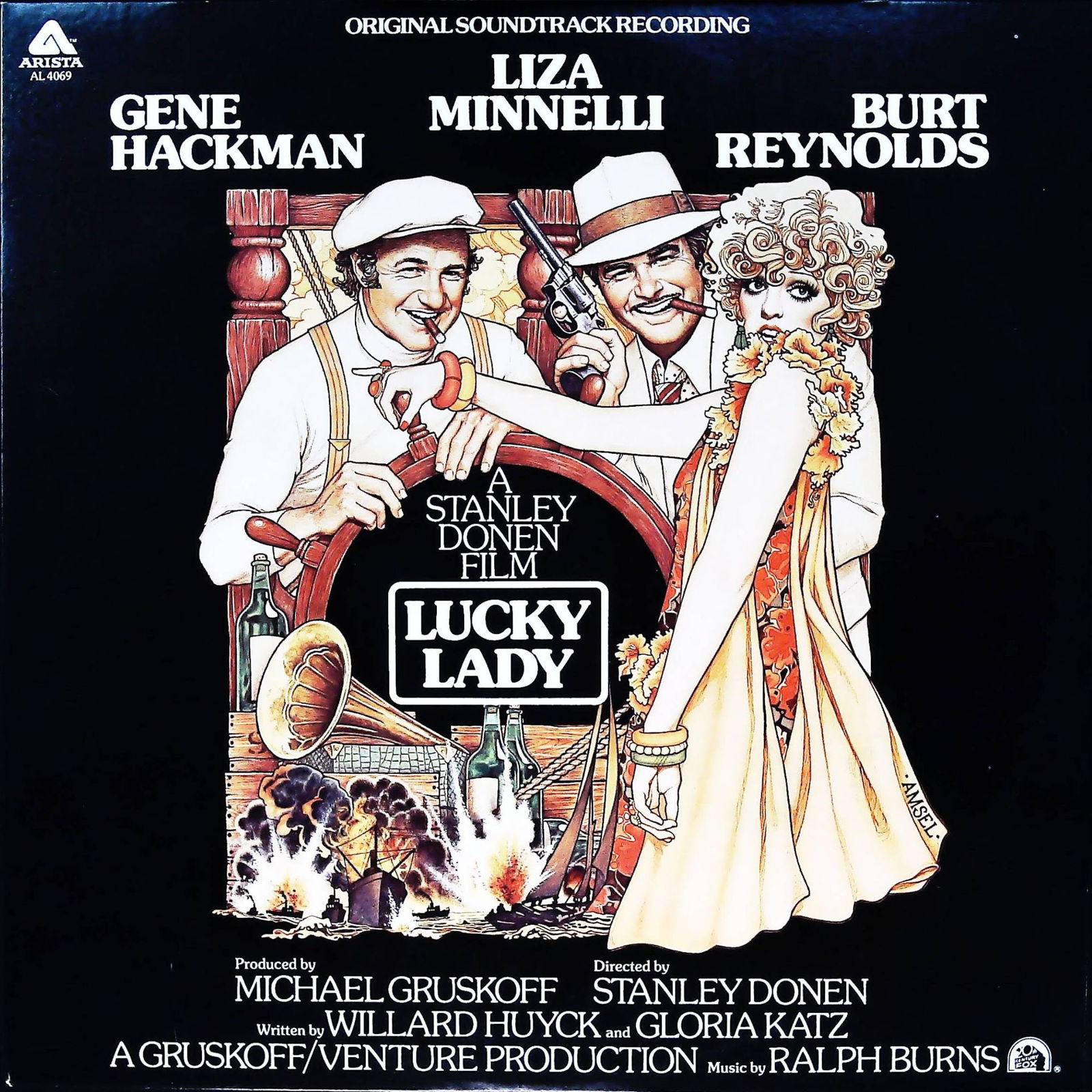 Lucky Lady - Soundtrack LP: A 12-inch vinyl record album for the "ORIGINAL SOUNDTRACK RECORDING" of the 1975 film "LUCKY LADY." The front features a colorful, stylized illustration with a 1930s-1940s aesthetic, depicting Liza Mi