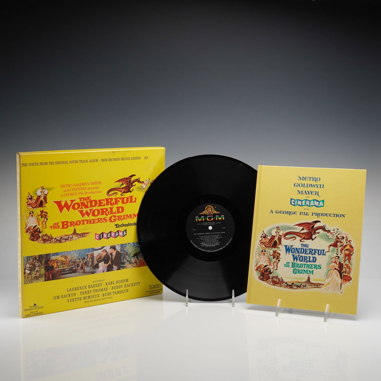 MGM, Brothers Grimm Soundtrack & Souvenir Program 1962: A collection of three items related to the 1962 Cinerama film production, The Wonderful World of the Brothers Grimm, produced by George Pal. The collection includes the original soundtrack album and a