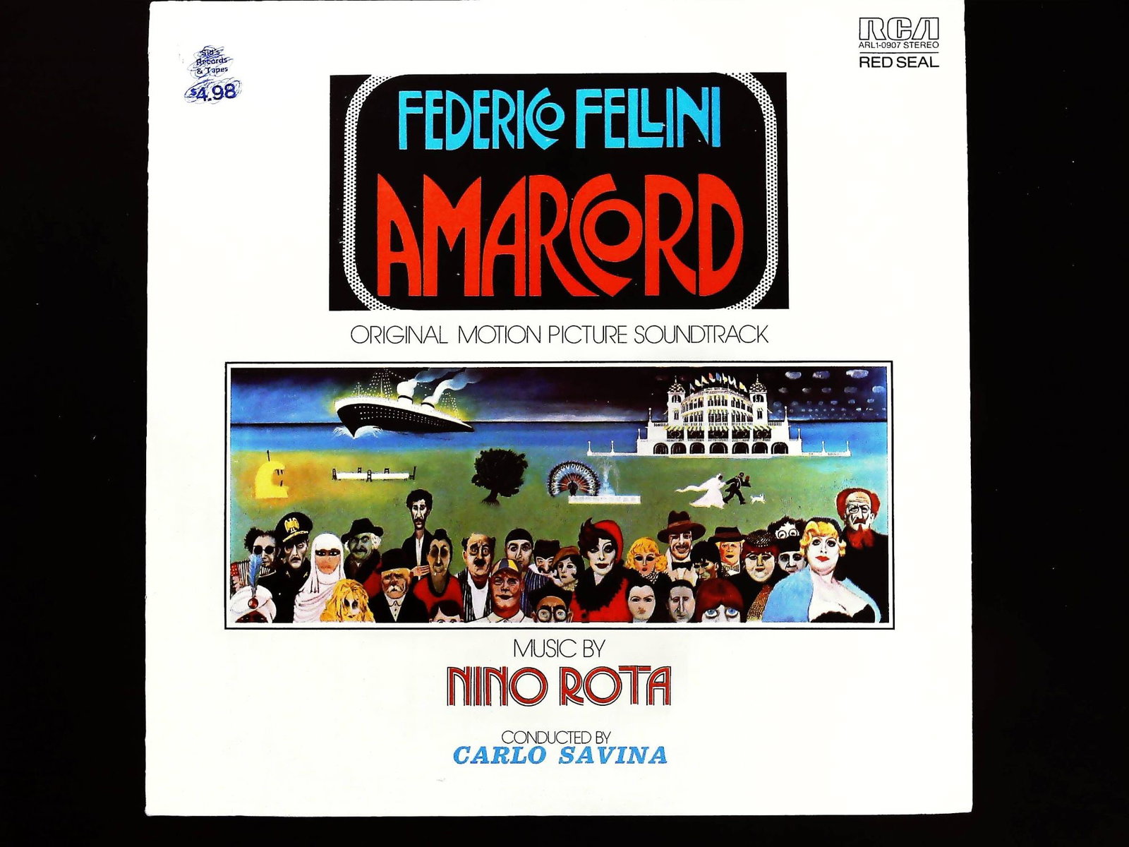 Nino Rota - Amarcord Soundtrack RCA 1974 First US Pressing: Rota, Nino (1911-1979). Amarcord Original Motion Picture Soundtrack. New York: RCA Records, 1974. First US Pressing. Single 12-inch black vinyl LP (Long Play) housed in the original printed cardboard