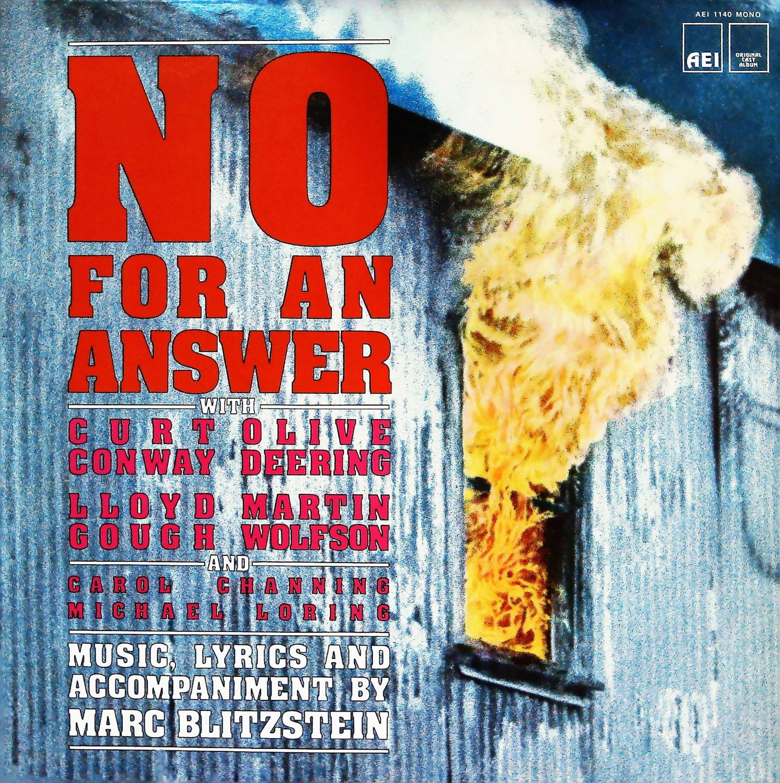 Marc Blitzstein No For An Answer, Original Cast Album, AEI 1140 MONO, 1962: An original cast album for Marc Blitzsteins No For An Answer, presented as a 12-inch vinyl record album cover (LP sleeve). The album was released by AEI (American Entertainment Industries) under catal