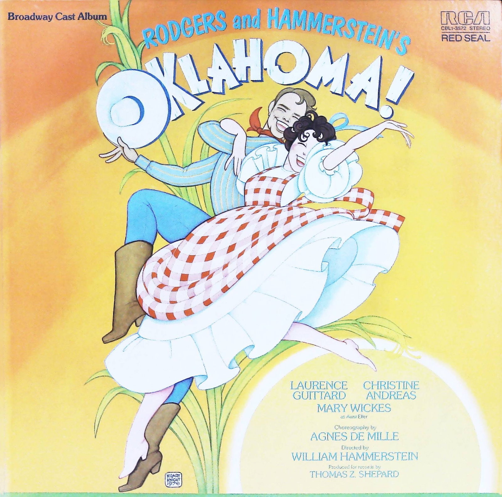 Rodgers and Hammersteins Oklahoma! Broadway Cast Album LP, RCA Red Seal: This vintage LP album cover features the RODGERS and HAMMERSTEINS OKLAHOMA! Broadway Cast Album, released by RCA Red Seal under catalog number CBL1-3230 Stereo. The vibrant, illustrative artwork, sign