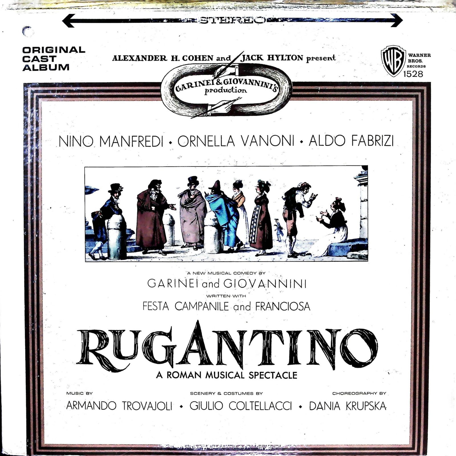 Rugantino - Armando Trovajoli Cast Album, Warner Bros. LP Vinyl Record: An original cast album for the "Roman Musical Spectacle" *Rugantino*, with music by Armando Trovajoli, presented by Alexander H. Cohen and Jack Hylton, and produced by Garinei & Giovannini. This Warne