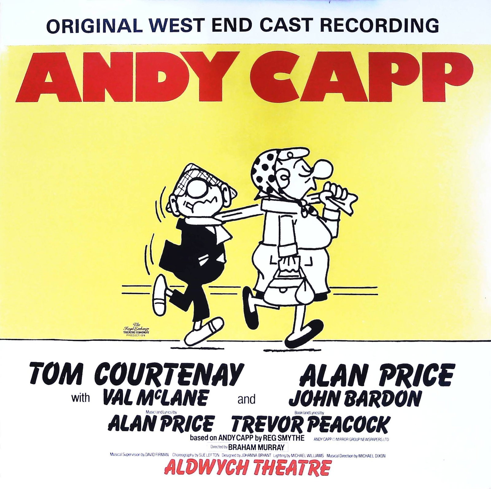 Andy Capp Original West End Cast Ray Cooney LP Record Album: A vintage album for the Andy Capp Original West End Cast Recording, featuring Tom Courtenay and Alan Price. Presented by Ray Cooney, the front features a vibrant yellow background with a black-and-whi