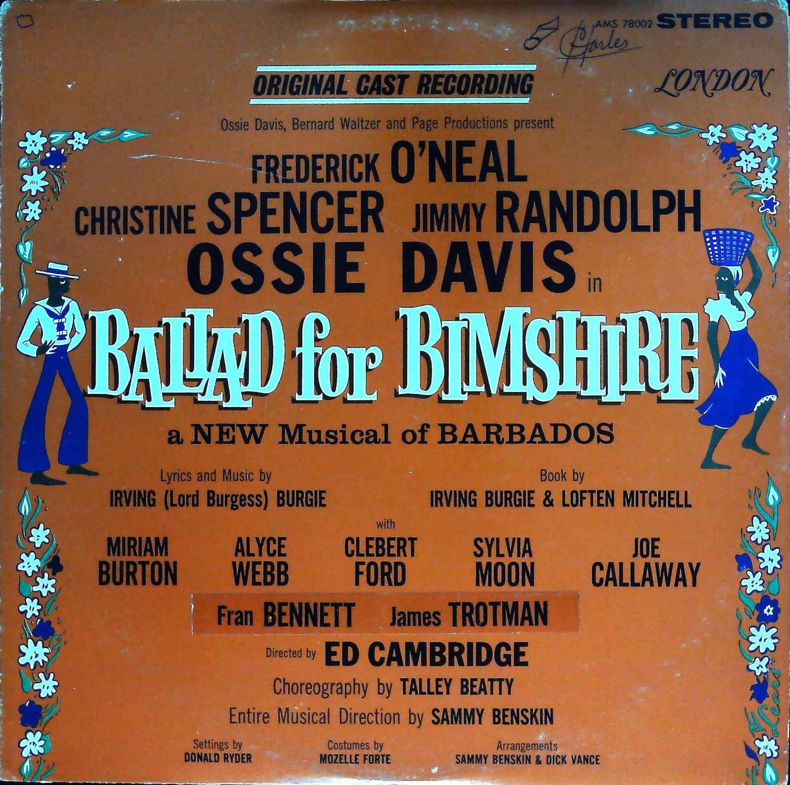 Ballad for Bimshire, Original Cast Recording London LP Record Album: An Original Cast Recording vinyl LP for the musical Ballad for Bimshire, a NEW Musical of Barbados. The record is on the LONDON label, catalog number AMS 78002 STEREO. The front cover, designed in a t