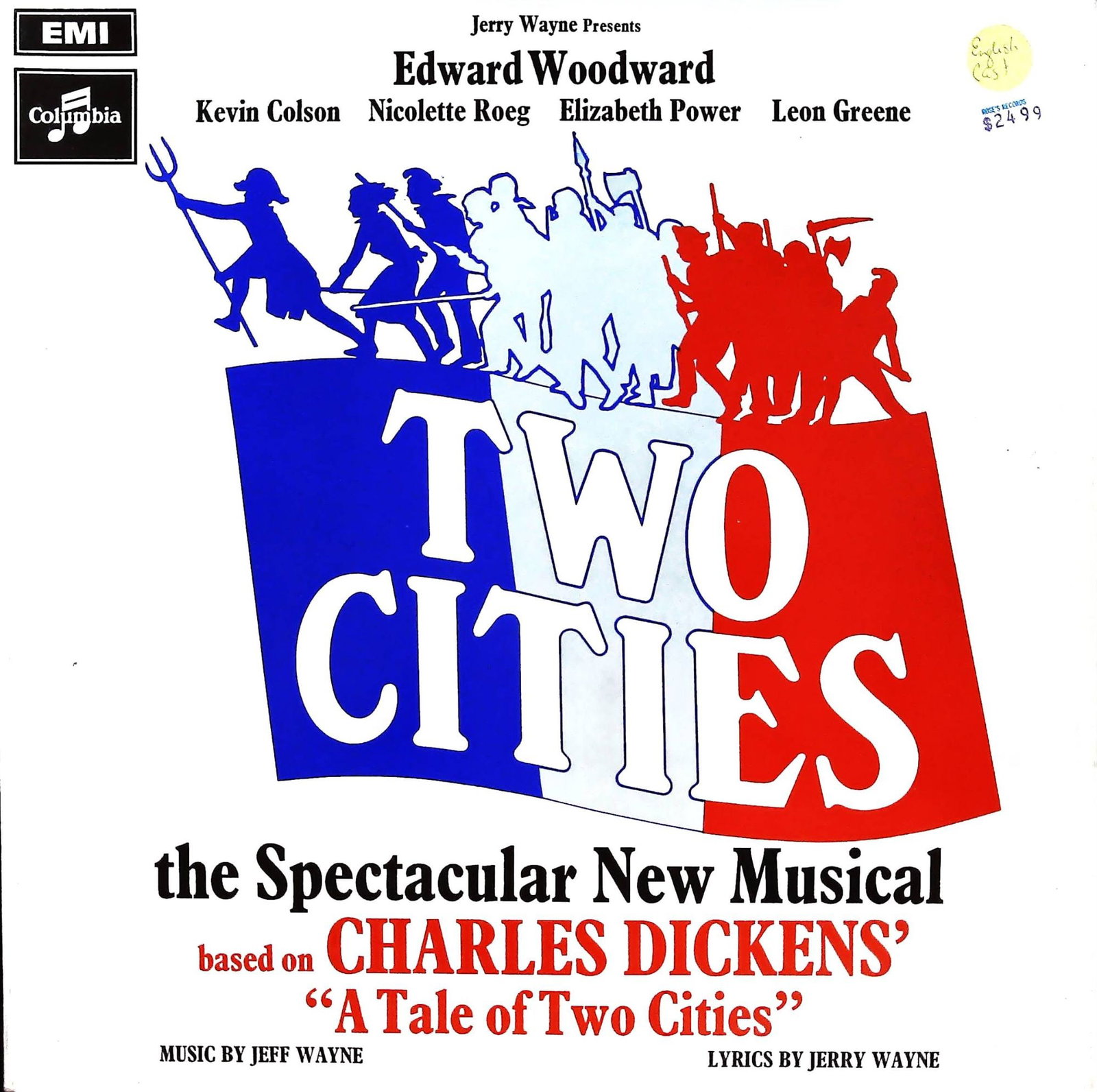 Columbia Records Two Cities - Musical Vinyl Record: An original LP record album for "Two Cities: The Spectacular New Musical," released in 1969. This production is based on Charles Dickens' "A Tale of Two Cities," with music by Jeff Wayne and lyrics by