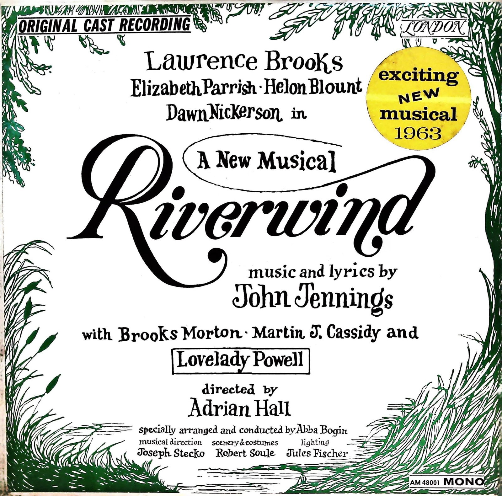 Mastertone Studio Riverwind Original Cast Recording LP Album: This album features a hand-drawn leafy border, a large flowing script title, and credits for cast members including Lawrence Brooks, Elizabeth Parrish, Helon Blount, Dawn Nickerson, Brooks Morton, Mar