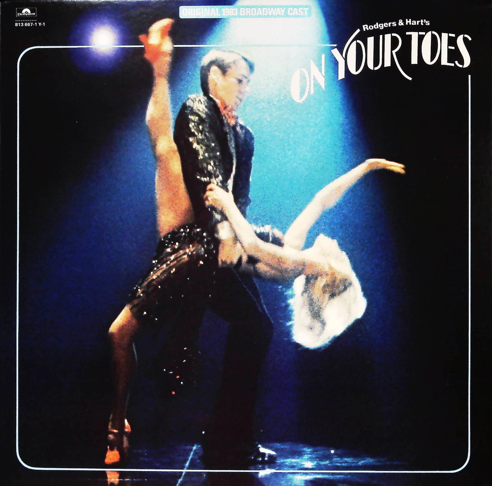 On Your Toes 1983 Broadway Cast LP: This is a cardboard vinyl record album (LP) sleeve for Rodgers & Harts ON YOUR TOES, identified as the ORIGINAL 1983 BROADWAY CAST. The front cover features a dynamic photographic image of a male and