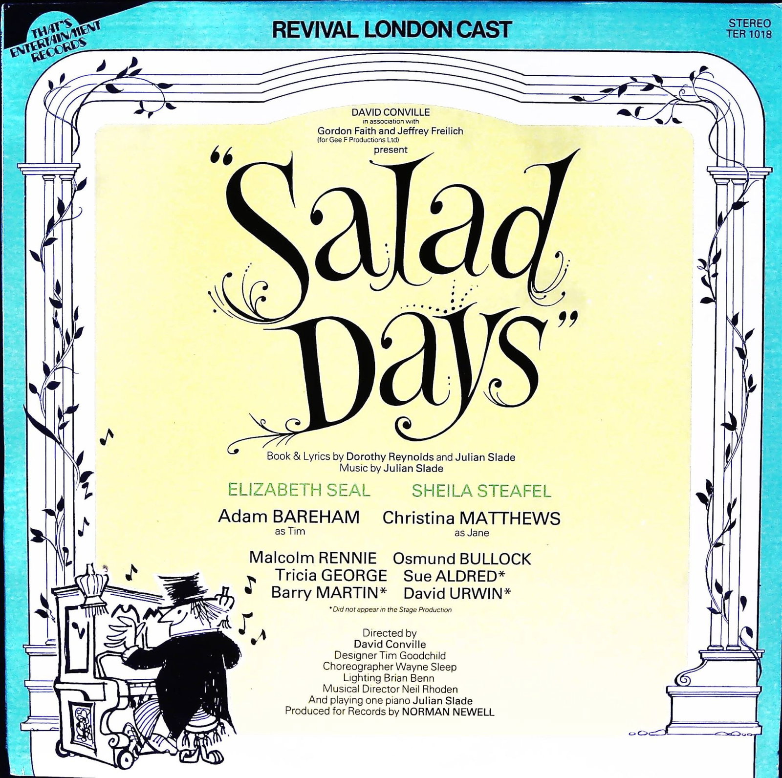 Salad Days - London Revival Cast Recording LP Vinyl Record: A vintage vinyl record album for the musical "Salad Days," featuring the Revival London Cast recording from 1982, released by That's Entertainment Records (catalog number TER 1018). The sleeve is cons