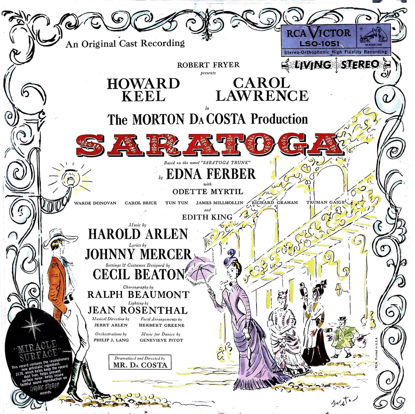 Saratoga Original Cast Recording RCA LP Record Album: An RCA Victor "Living Stereo" LP record album of the "Saratoga" Original Broadway Cast Recording, catalog number LSO-1051, from 1959. The musical stars Howard Keel and Carol Lawrence, and is based on
