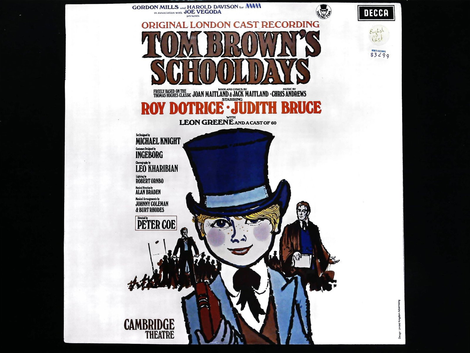 Tom Brown's Schooldays London Cast Decca SKL5137 LP: Original London Cast Recording of Tom Brown's Schooldays. Music by Chris Andrews. Book and Lyrics by Joan Maitland & Jack Maitland, based on the Thomas Hughes classic. Starring Roy Dotrice and Judith