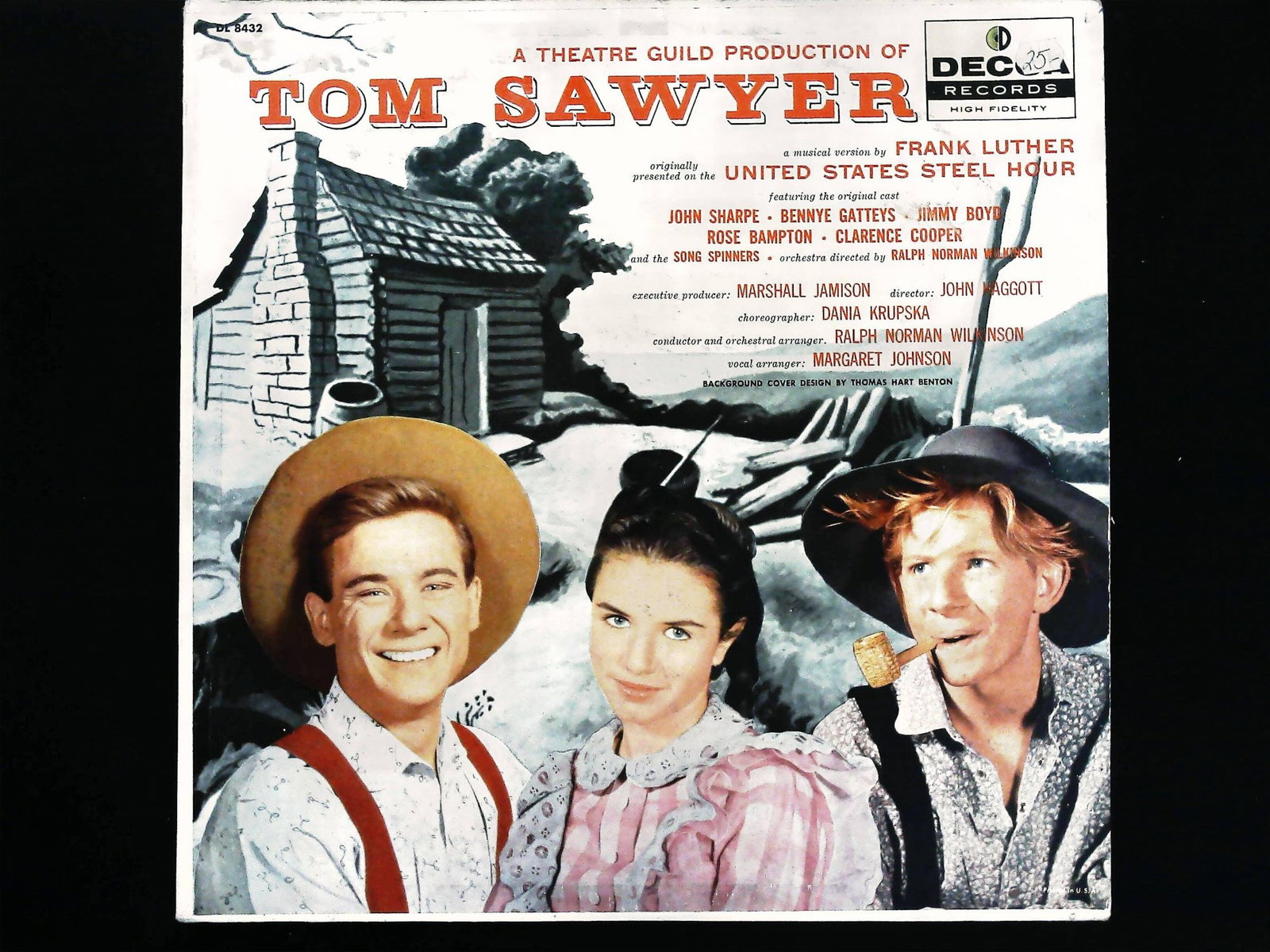 Tom Sawyer Record LP: A Theatre Guild Production Decca DL 8432: This is a single vintage vinyl long-playing (LP) record album, catalogue number DL 8432, issued by Decca Records as a High Fidelity pressing. The item is identified as the "Tom Sawyer record," a music
