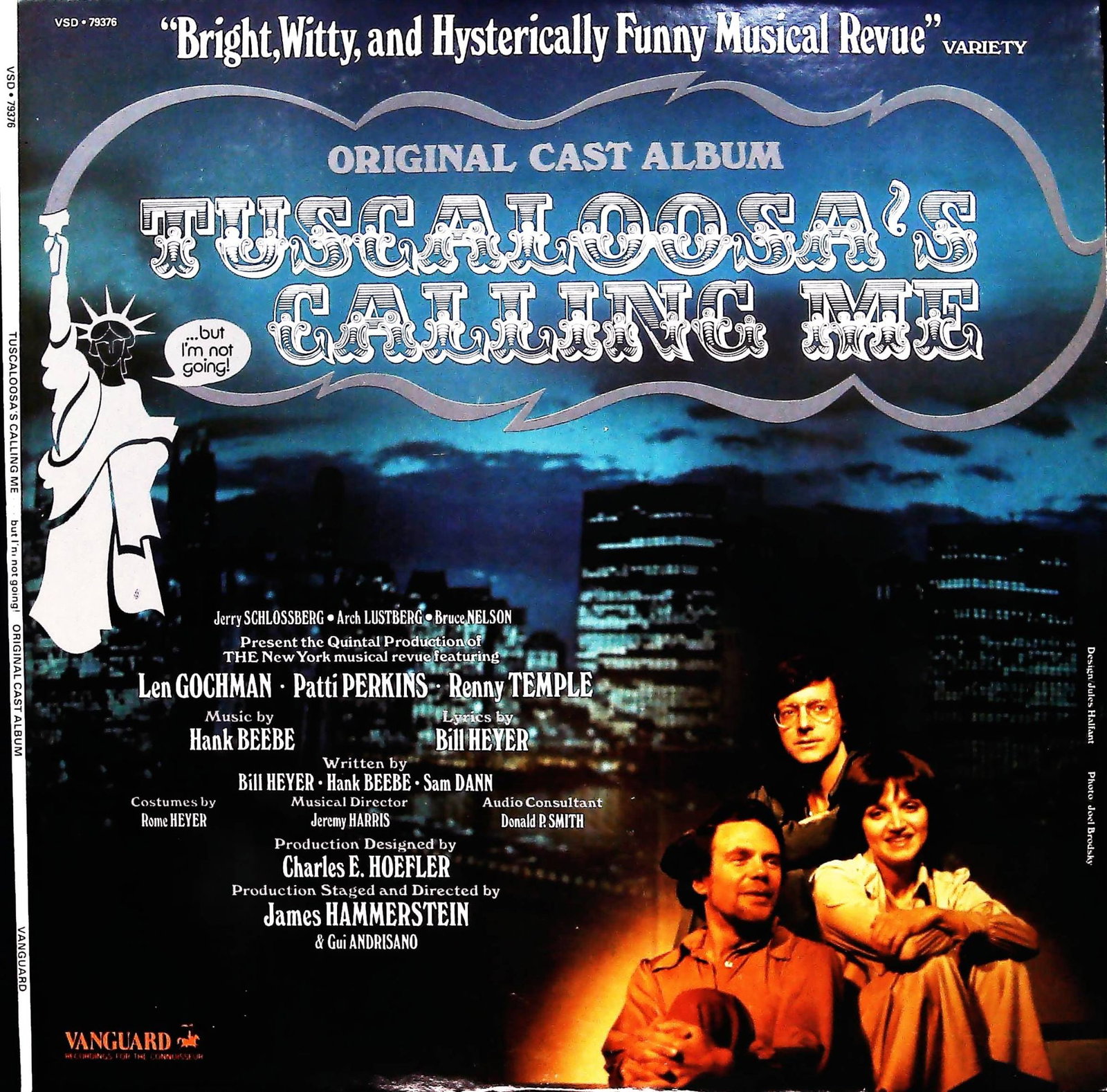 Tuscaloosa's Calling Me - Cast LP, Vanguard VSD 79376: An original cast recording vinyl LP for the musical revue 'Tuscaloosa's Calling Me...But I'm Not Going!' on the Vanguard label, catalog number VSD 79376. Released in 1975, the album features a graphic