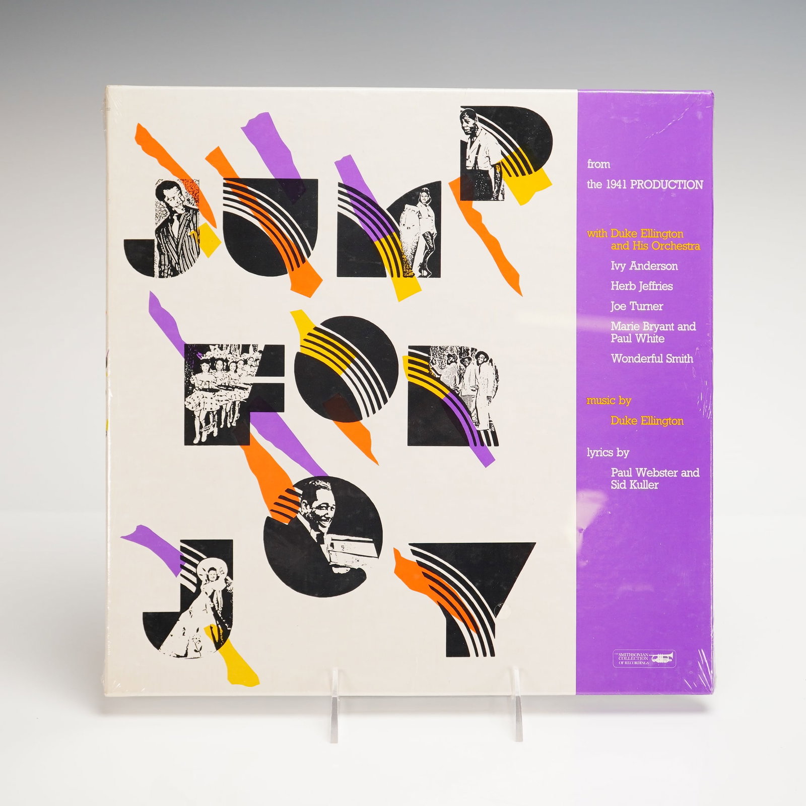 Duke Ellington And His Orchestra Jump for Joy Vinyl Record LP Reissue: This is a single vinyl record album featuring music from the 1941 production Jump For Joy by Duke Ellington and His Orchestra. The item is identified as a compilation or reissue, dating to 1988. The a