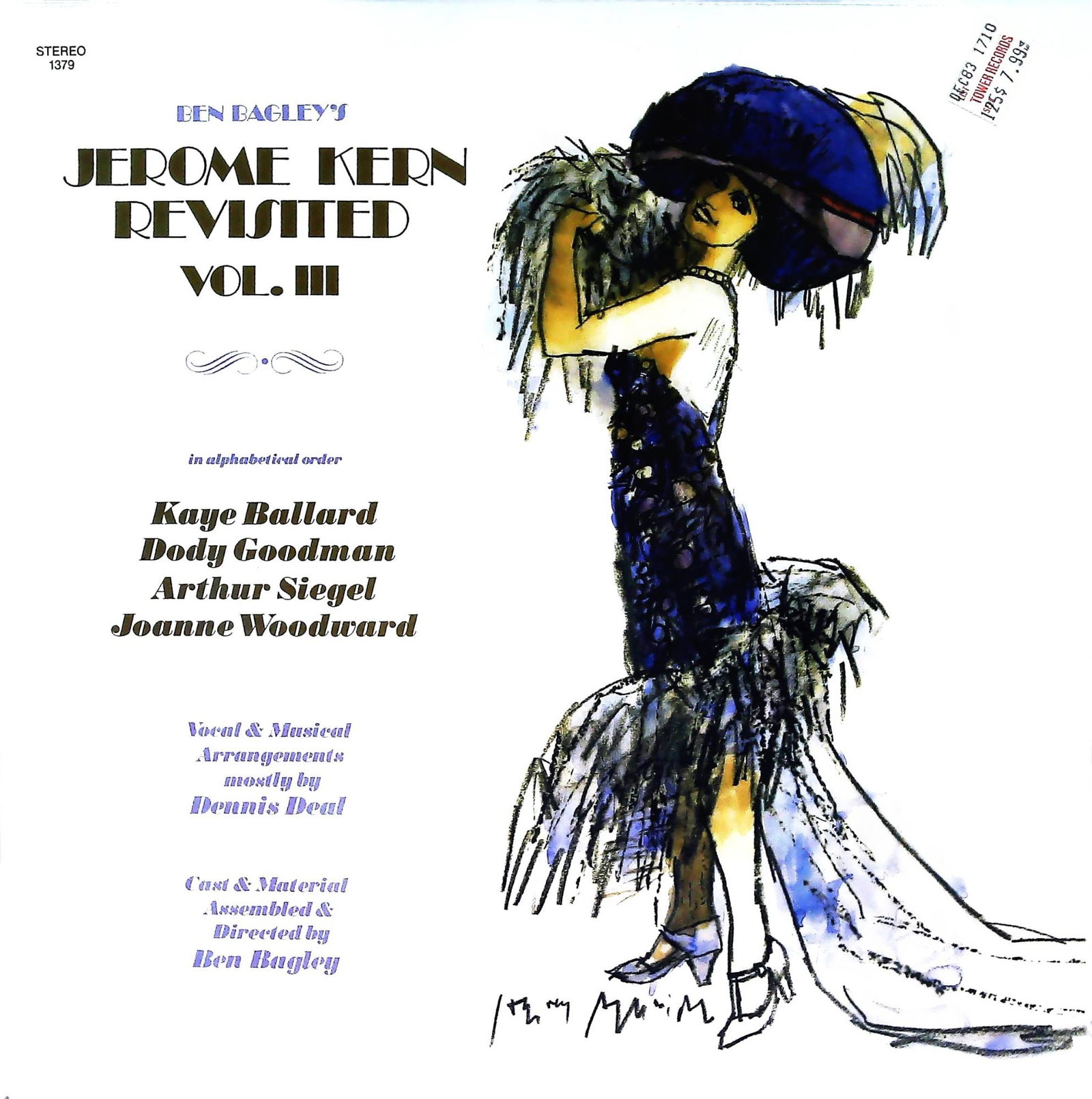 Jerome Kern Revisited Vol. III Ben Bagley Vinyl Record: A vintage vinyl record album, "Ben Bagley's Jerome Kern Revisited Vol. III", featuring distinctive cover art depicting a woman in a wide-brimmed hat and an elaborate dress. The album features performa