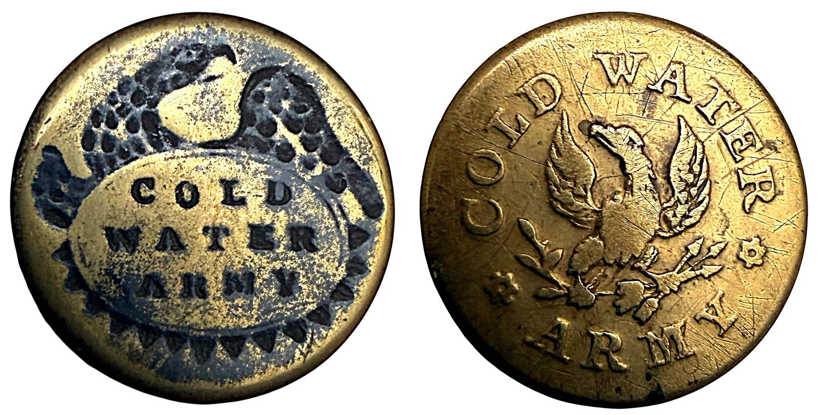 A SMALL CARD OF DIVISION ONE UNIFORM BUTTONS: 2 Small 19th century COLD WATER ARMY BRASS examples. DimensionsSM=Less than 3/4", Medium=3/4" to 1 1/4". Large=1 1/4" and above, extra large=1 3/4" and above Date or EraDIVISION 1=PRE 1918 AND