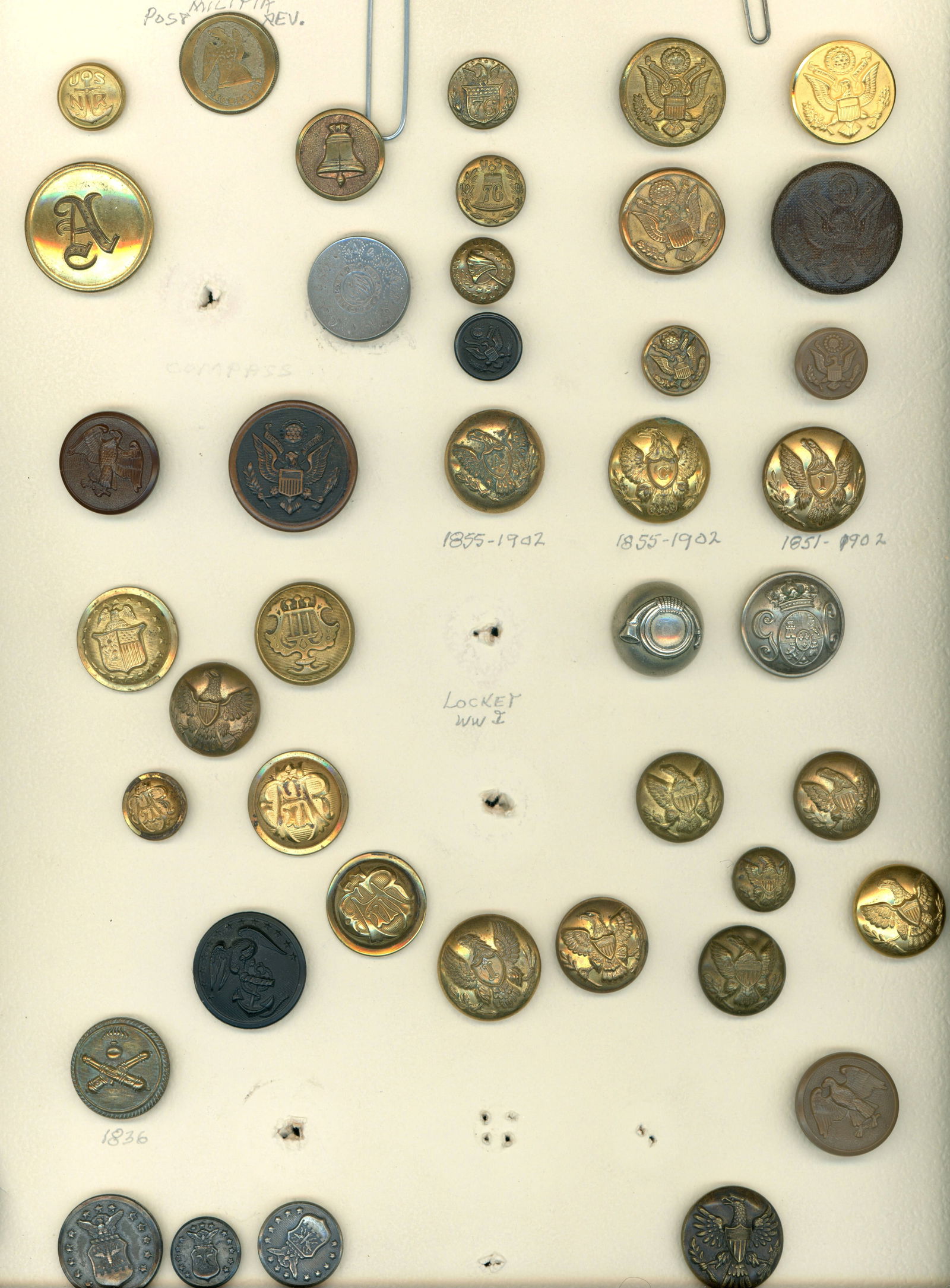 A CARD OF DIVISION ONE UNIFORM BUTTONS: 42 S/M 19th/20th century assorted examples. DimensionsSM=Less than 3/4", Medium=3/4" to 1 1/4". Large=1 1/4" and above, extra large=1 3/4" and above Date or EraDIVISION 1=PRE 1918 AND DIVISION 3 IS