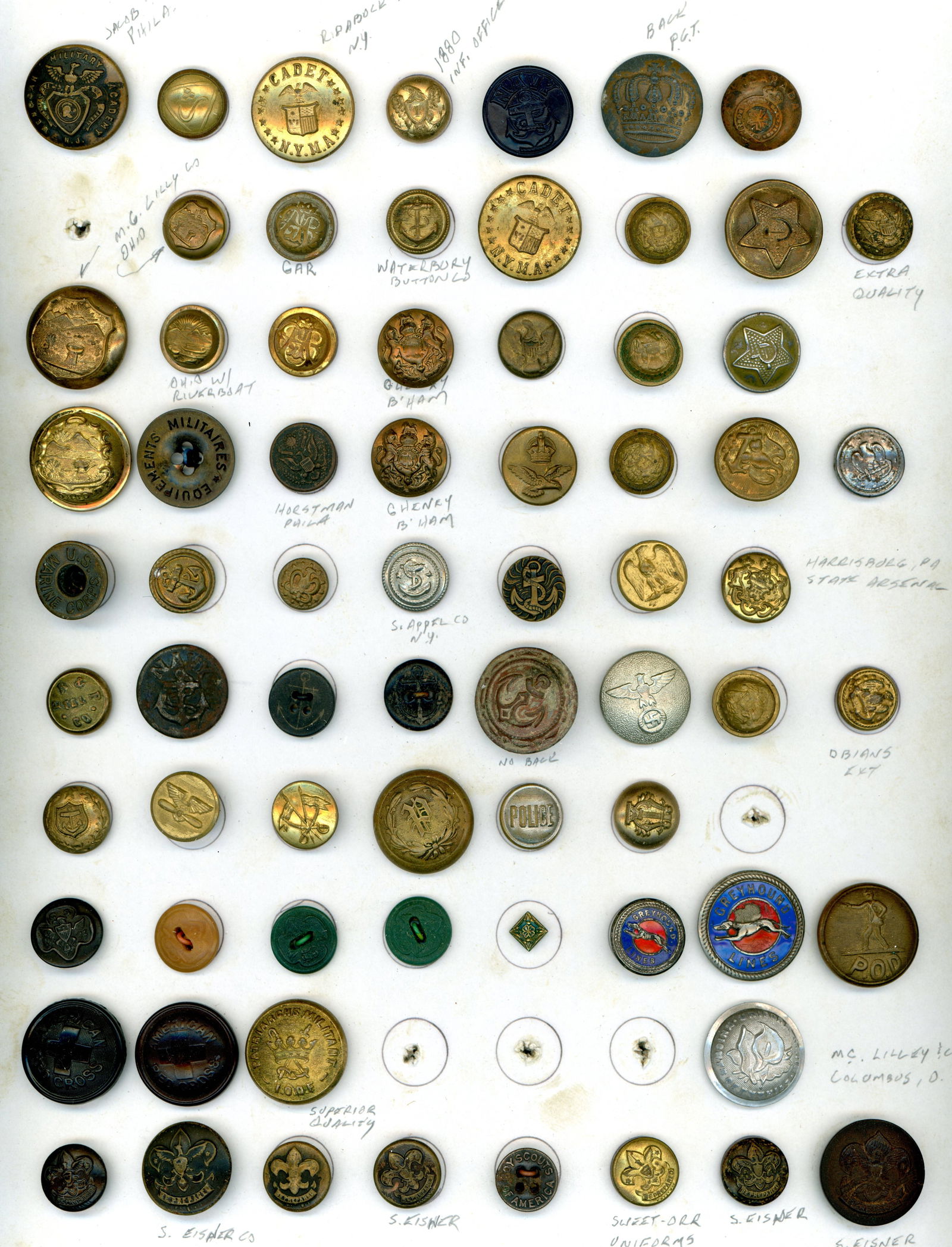 A CARD OF DIVISION ONE UNIFORM BUTTONS: 69 Small/Medium 19th/20th century assorted styles. DimensionsSM=Less than 3/4", Medium=3/4" to 1 1/4". Large=1 1/4" and above, extra large=1 3/4" and above Date or EraDIVISION 1=PRE 1918 AND