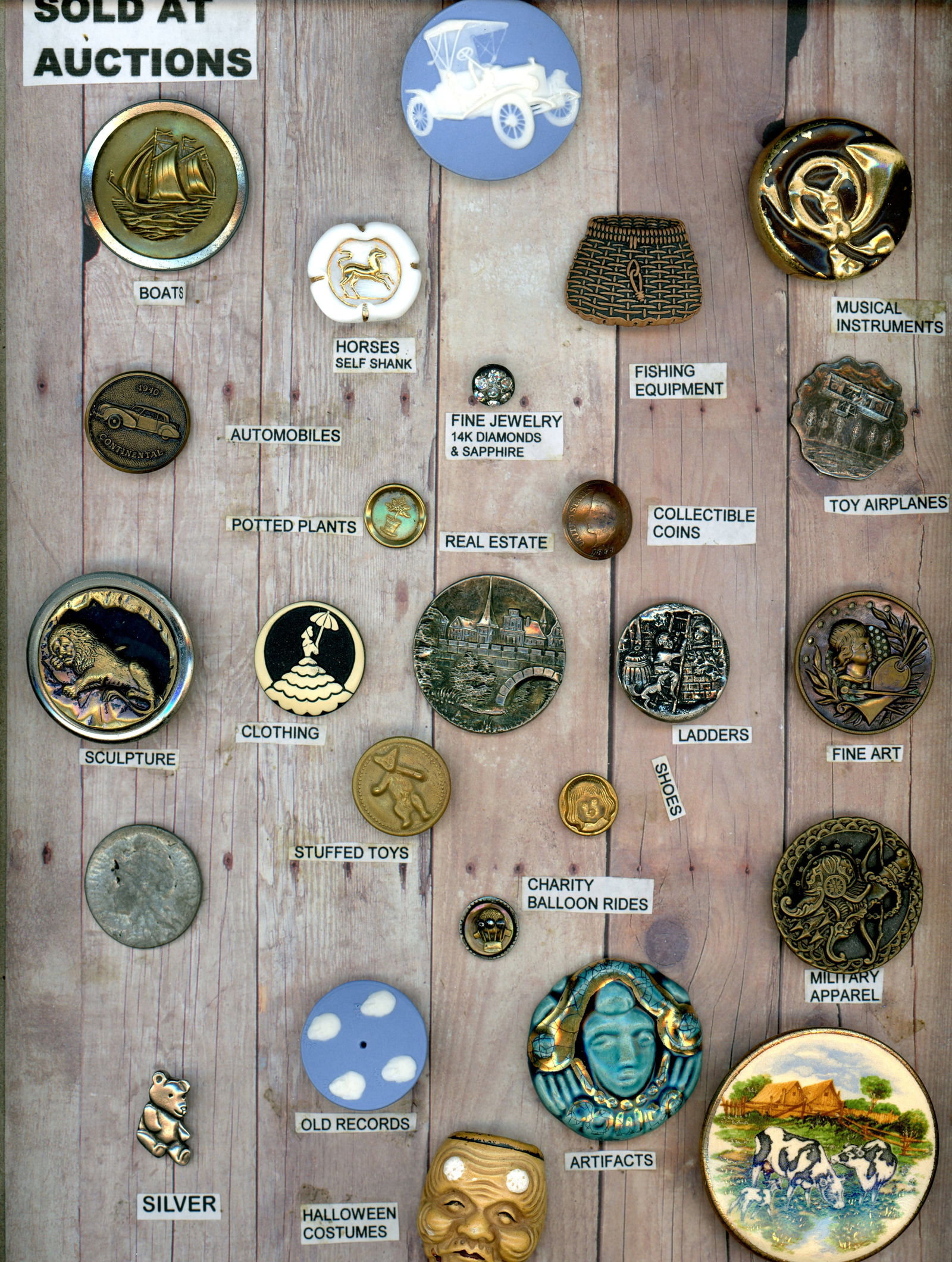 A CARD OF DIVISION 1 & 3 ASSORTED MATERIAL BUTTONS: 25 S/M/L 19th/20th C. assorted subject matter examples. DimensionsSM=Less than 3/4", Medium=3/4" to 1 1/4". Large=1 1/4" and above, extra large=1 3/4" and above Date or EraDIVISION 1=PRE 1918 AND