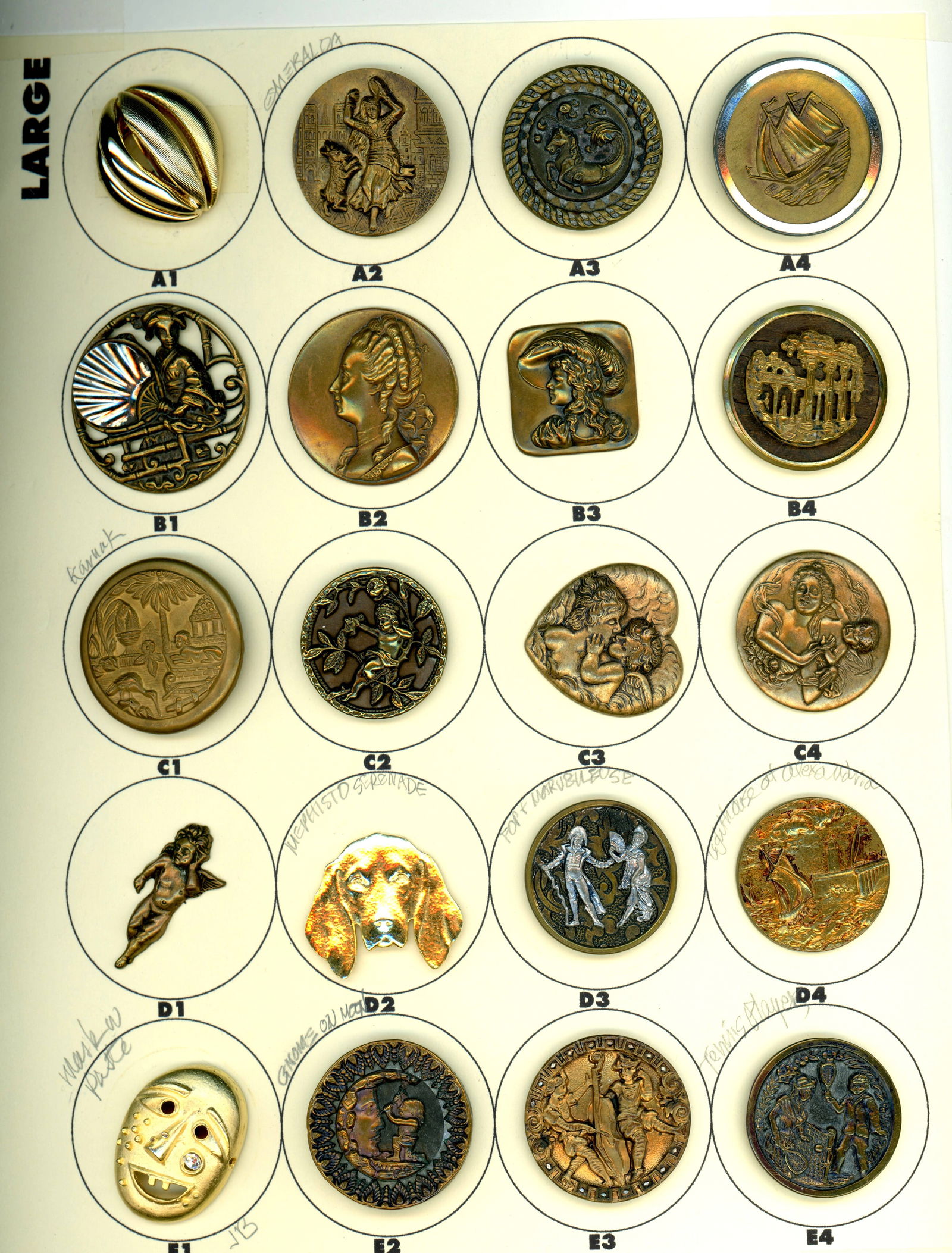 A CARD OF DIVISION 1 & 3 METAL PICTURE BUTTONS: 20 Large 19th/20th Century examples including shapes. DimensionsSM=Less than 3/4", Medium=3/4" to 1 1/4". Large=1 1/4" and above, extra large=1 3/4" and above Date or EraDIVISION 1=PRE 1918 AND