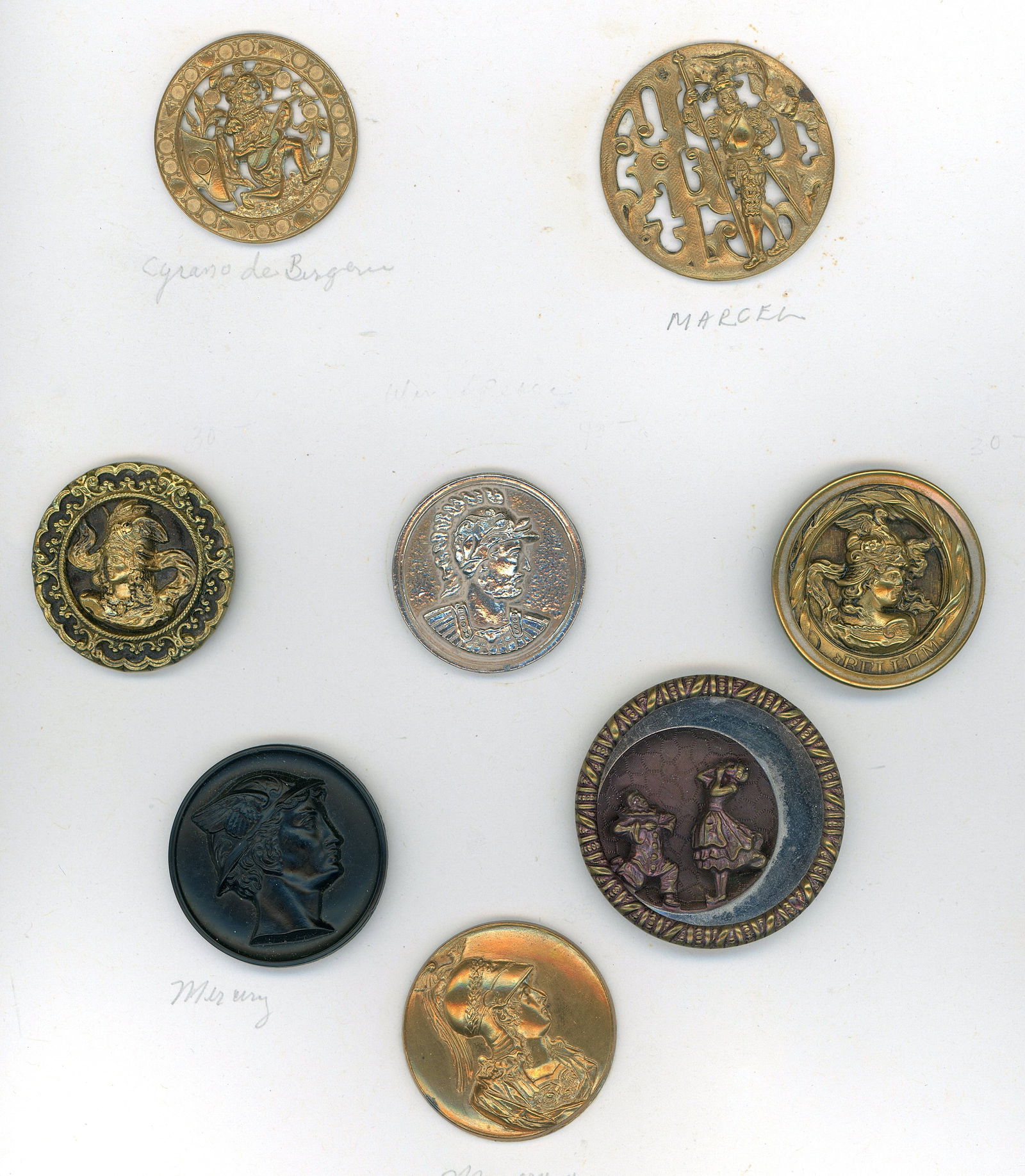 A PARTIAL CARD OF DIVISION 1 & 3 PICTORIAL BUTTONS: 8 Large mostly 19th century mostly metal pictorial examples. DimensionsSM=Less than 3/4", Medium=3/4" to 1 1/4". Large=1 1/4" and above, extra large=1 3/4" and above Date or EraDIVISION 1=PRE 1918