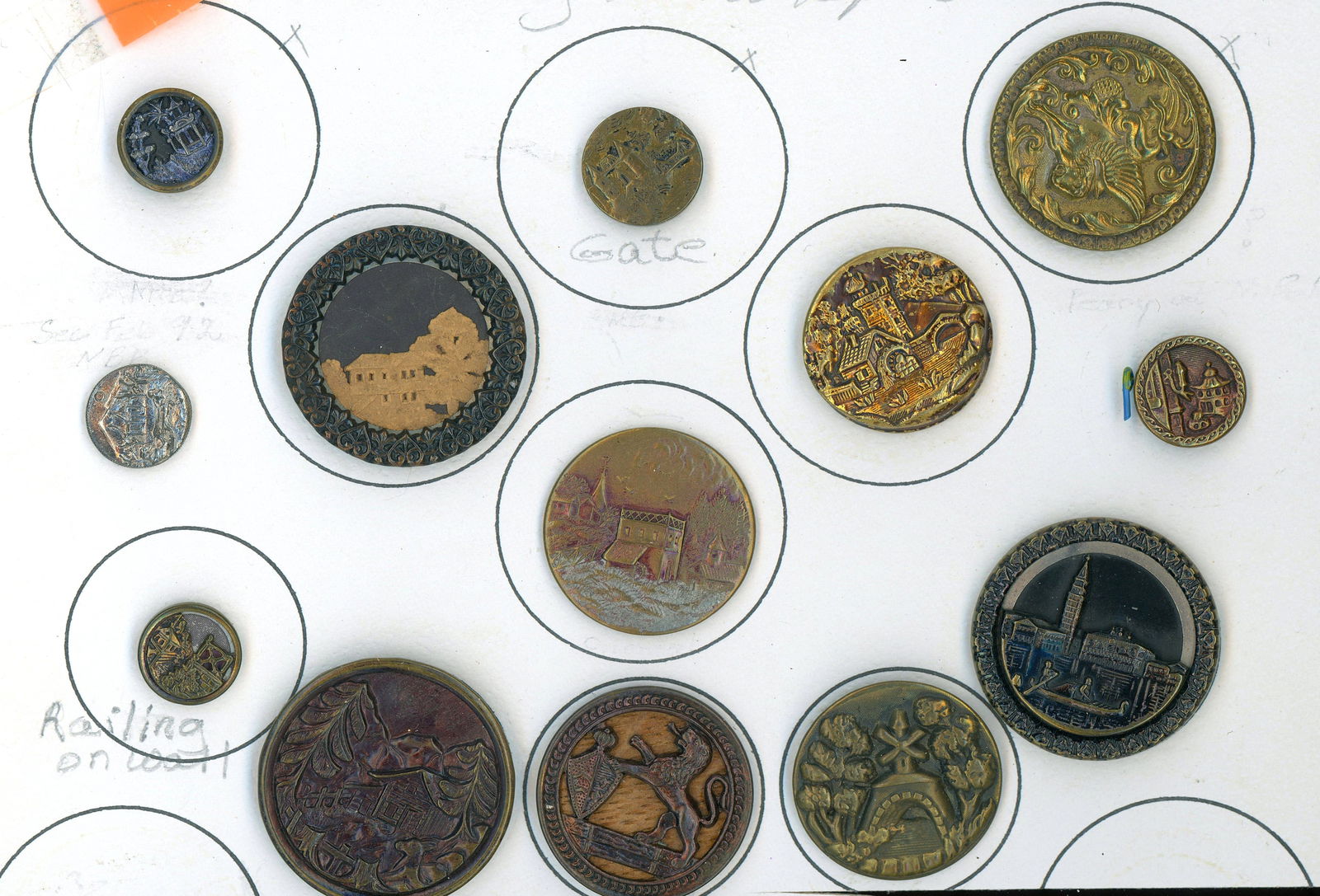 A PARTIAL CARD OF DIVISION ONE ARCHITECTURAL BUTTONS: 13 S/M/L 19th century assorted designs mostly metal. DimensionsSM=Less than 3/4", Medium=3/4" to 1 1/4". Large=1 1/4" and above, extra large=1 3/4" and above Date or EraDIVISION 1=PRE 1918 AND DIVISIO