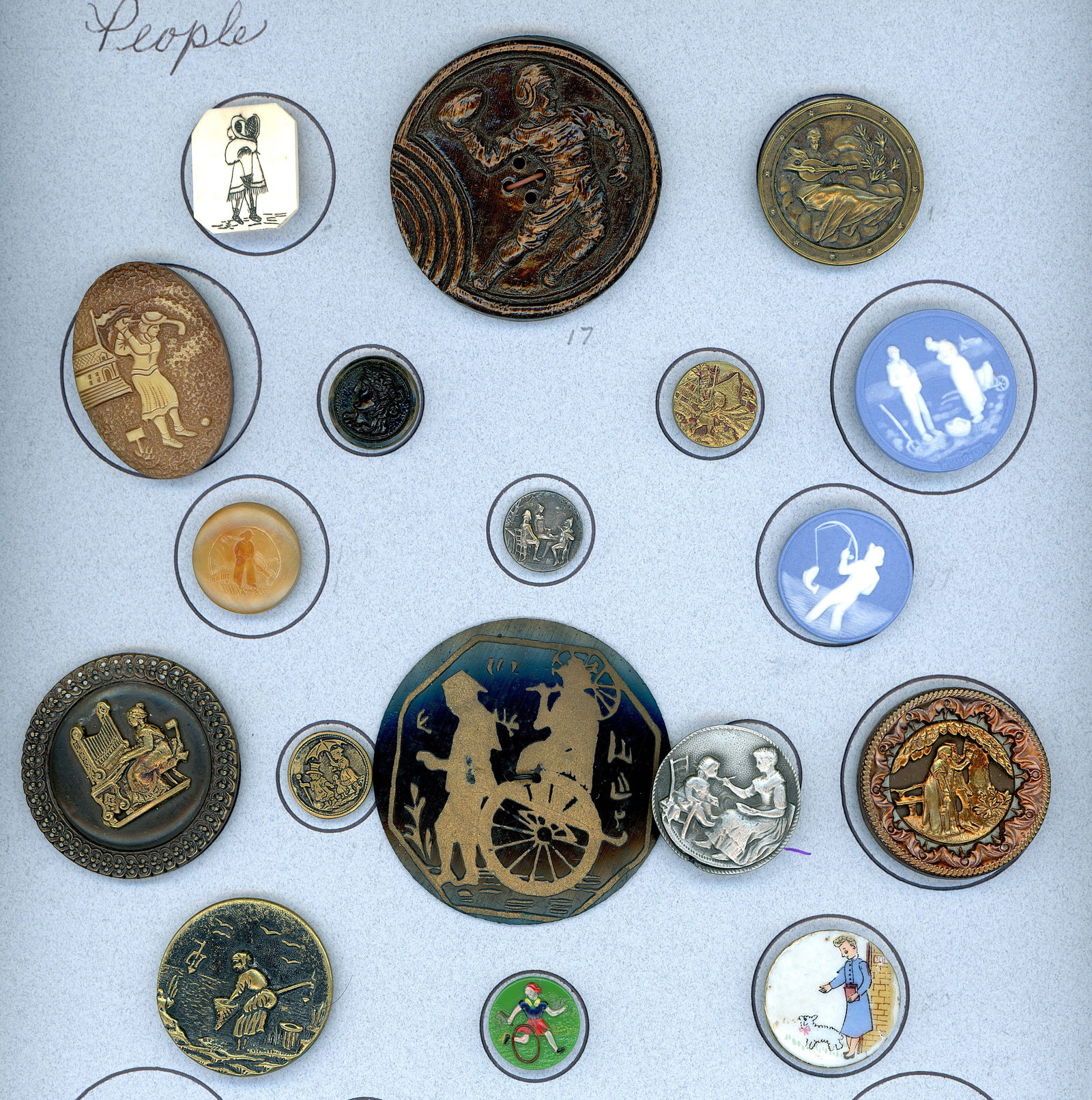 A CARD OF DIVISION 1 & 3 FIGURAL BUTTONS (1 of 4)