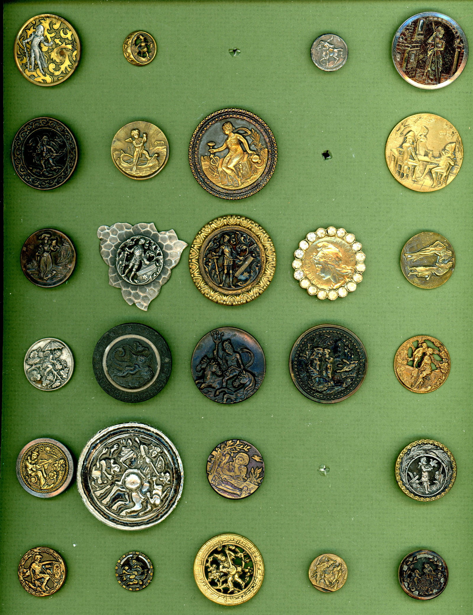 A CARD OF DIVISION ONE FIGURAL BUTTONS: 27 Small/Medium/Large 19th C. mostly assorted metal examples. DimensionsSM=Less than 3/4", Medium=3/4" to 1 1/4". Large=1 1/4" and above, extra large=1 3/4" and above Date or EraDIVISION 1=PRE 1918 AN