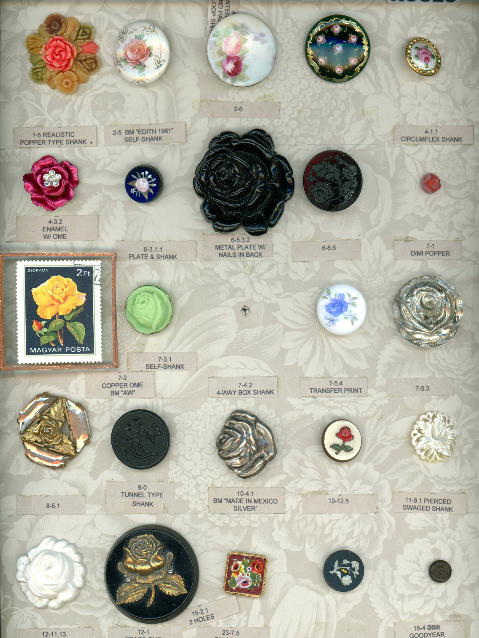 A CARD OF DIVISION ONE AND THREE FLOWER BUTTONS: 25 S/M/L 19th/20th century assorted material rose examples. This card includes several very nice examples including the gorgeous green enamel with multiple roses, the dimi popper rose, the Mexican sil