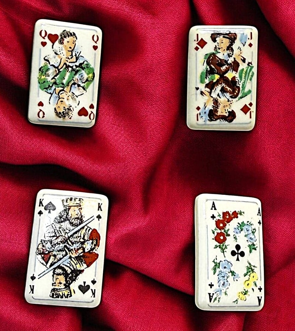 A SET OF DIVISION THREE CERAMIC BUTTONS: 4 Medium 20th century colorful playing card examples. DimensionsSM=Less than 3/4", Medium=3/4" to 1 1/4". Large=1 1/4" and above, extra large=1 3/4" and above Date or EraDIVISION 1=PRE 1918 AND DIVISI