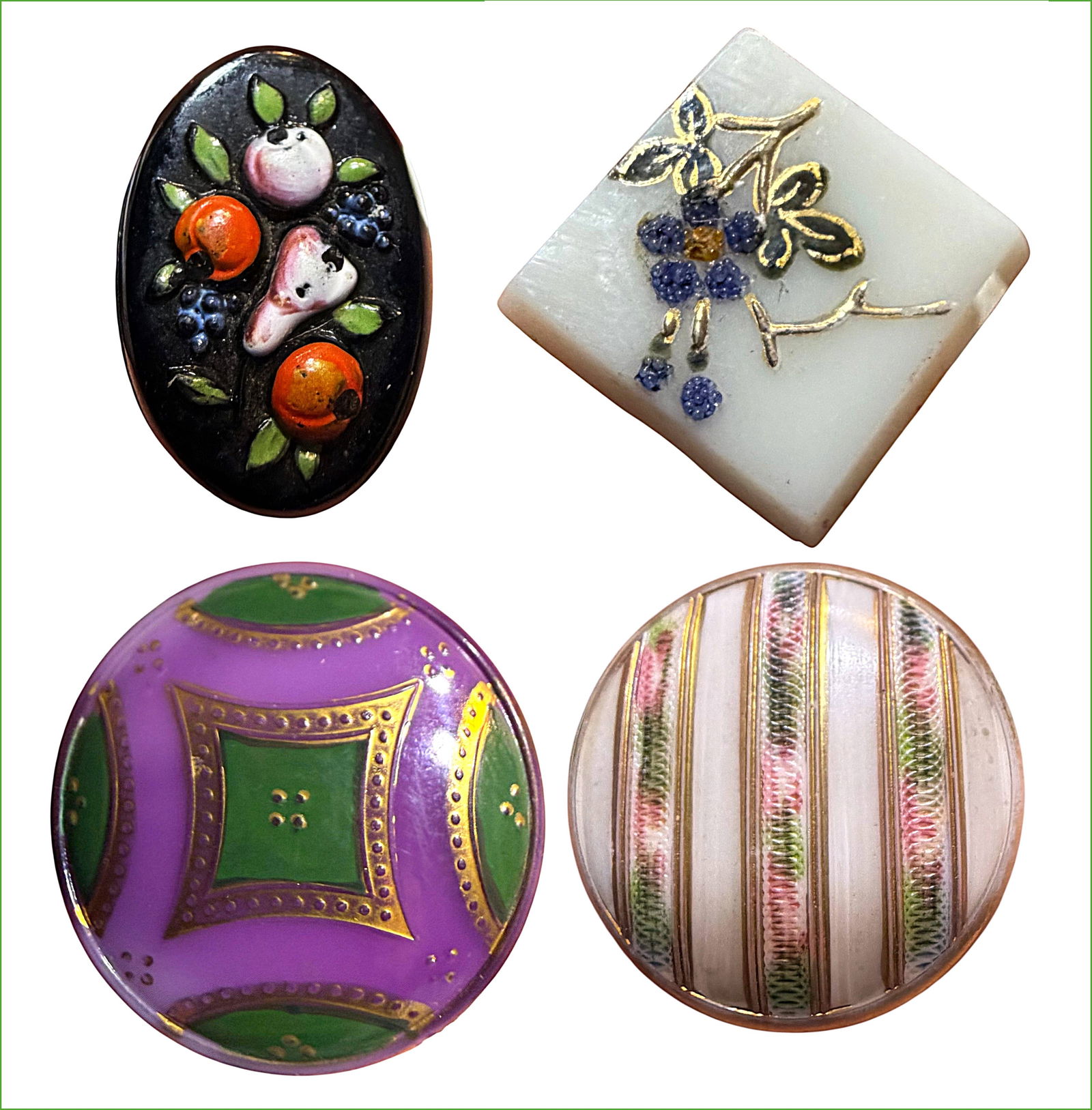 A SMALL CARD OF DIVISION ONE GLASS BUTTONS: 4 Medium 19th century CORALENE and hand painted examples. DimensionsSM=Less than 3/4", Medium=3/4" to 1 1/4". Large=1 1/4" and above, extra large=1 3/4" and above Date or EraDIVISION 1=PRE 1918 AND DI