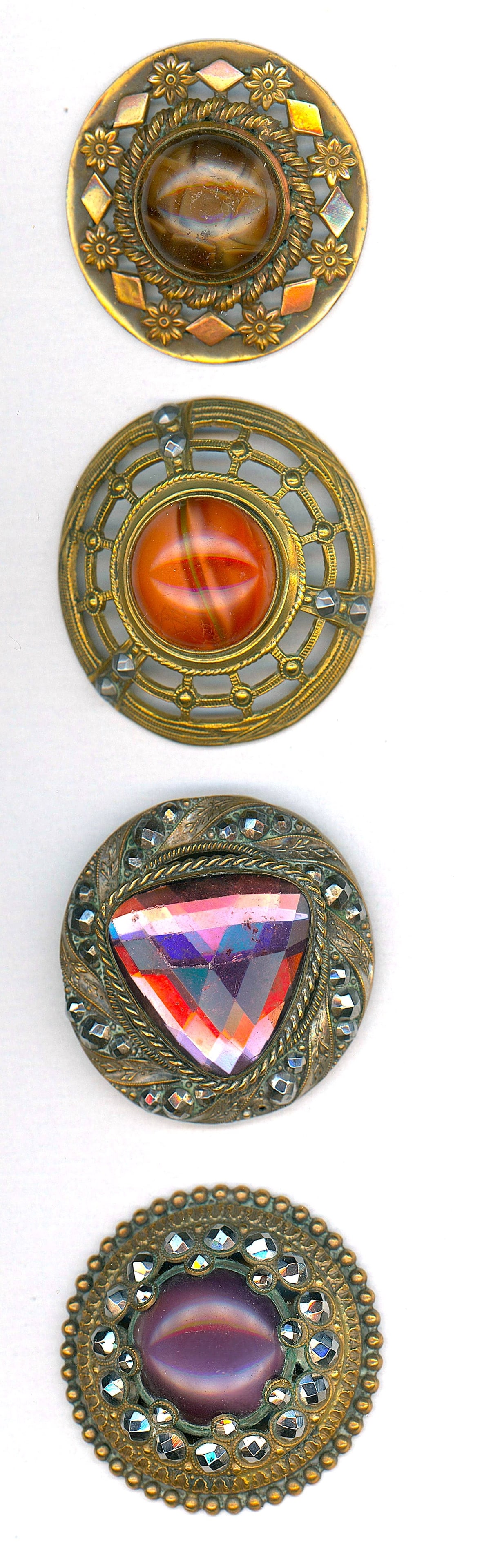 A SMALL CARD OF DIVISION ONE LARGE JEWLED BUTTONS: 4 Large 19th century authentic Gay 90 examples. DimensionsSM=Less than 3/4", Medium=3/4" to 1 1/4". Large=1 1/4" and above, extra large=1 3/4" and above Date or EraDIVISION 1=PRE 1918 AND DIVISION 3 I