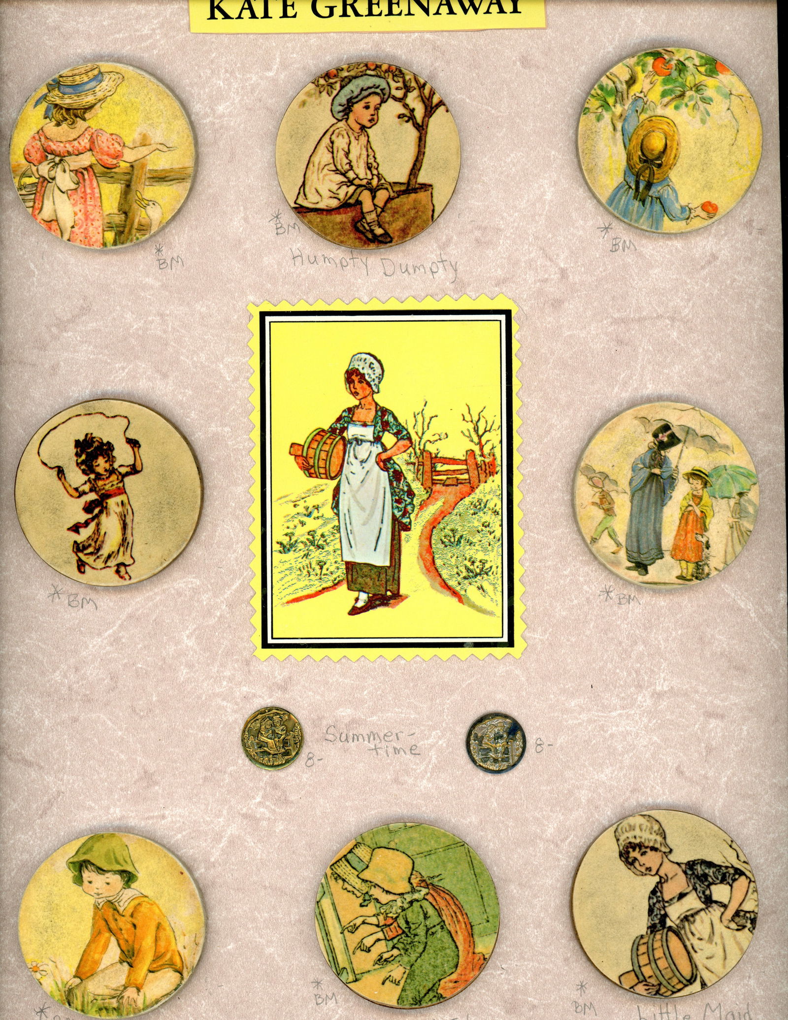 A CARD OF DIVISION THREE STUDIO ARTIST BUTTONS: 10 Small/Ex Large Kate Greenaway designed mostly studios. DimensionsSM=Less than 3/4", Medium=3/4" to 1 1/4". Large=1 1/4" and above, extra large=1 3/4" and above Date or EraDIVISION 1=PRE 1918 AND