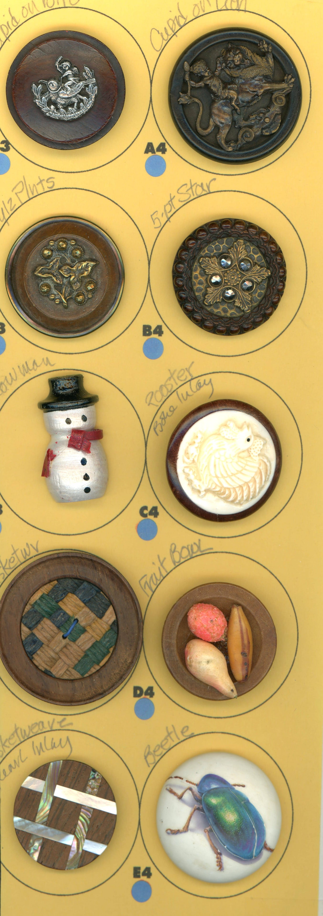 A PARTIAL CARD OF DIVISION 1 & 3 WOOD BUTTONS: 10 Large 19th/20th assorted technique examples. DimensionsSM=Less than 3/4", Medium=3/4" to 1 1/4". Large=1 1/4" and above, extra large=1 3/4" and above Date or EraDIVISION 1=PRE 1918 AND DIVISION 3