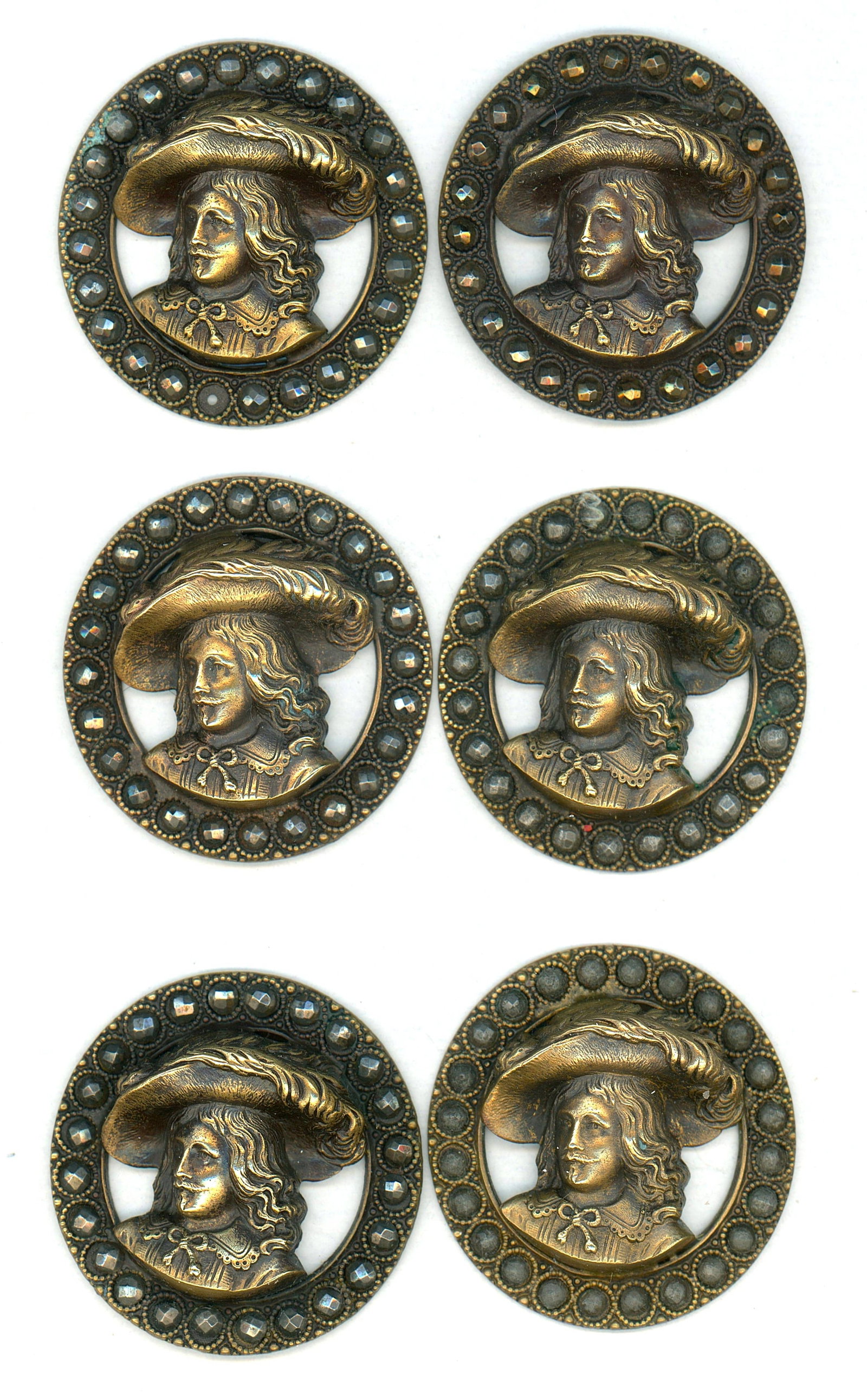 A SMALL CARD OF DIVISION ONE PICTORIAL MATCHING BUTTONS: 6 Large 19th century high relief pierced brass examples. DimensionsSM=Less than 3/4", Medium=3/4" to 1 1/4". Large=1 1/4" and above, extra large=1 3/4" and above Date or EraDIVISION 1=PRE 1918 AND