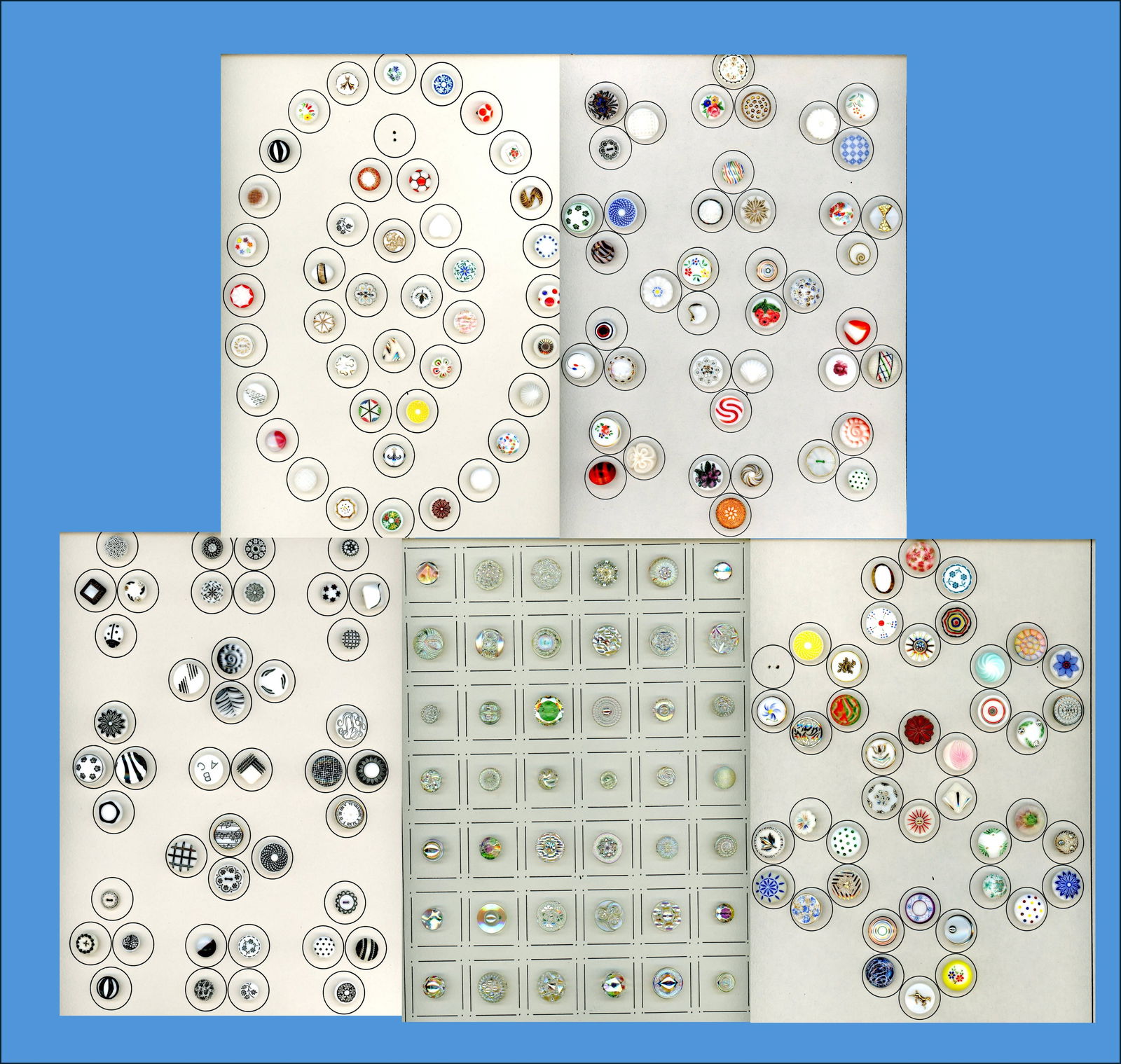 A BOX LOT OF 5 CARDS OF BUTTONS: 208 Small 20th century assorted West German glass examples. DimensionsSM=Less than 3/4", Medium=3/4" to 1 1/4". Large=1 1/4" and above, extra large=1 3/4" and above Date or EraDIVISION 1=PRE 1918 AND