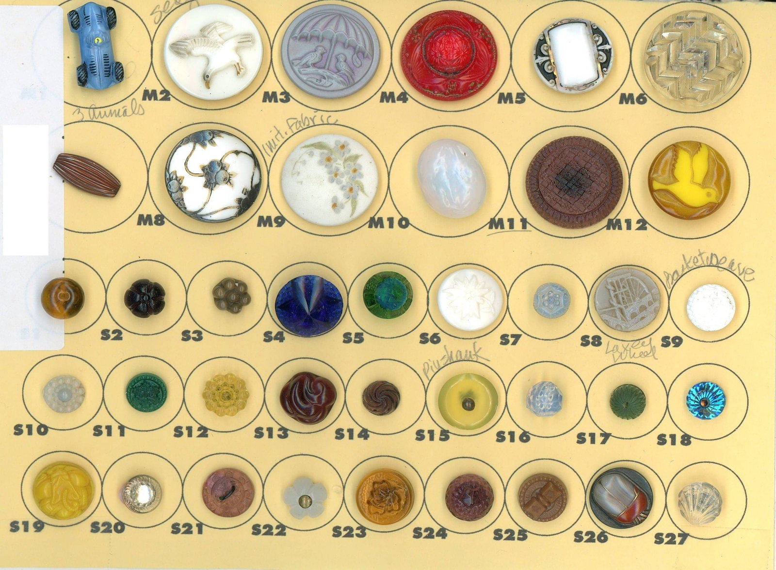 A PARTIAL CARD OF DIVISION ONE AND THREE GLASS BUTTONS: 39 Small/Medium 19th/20th C. assorted technique examples. DimensionsSM=Less than 3/4", Medium=3/4" to 1 1/4". Large=1 1/4" and above, extra large=1 3/4" and above Date or EraDIVISION 1=PRE 1918 AND DI
