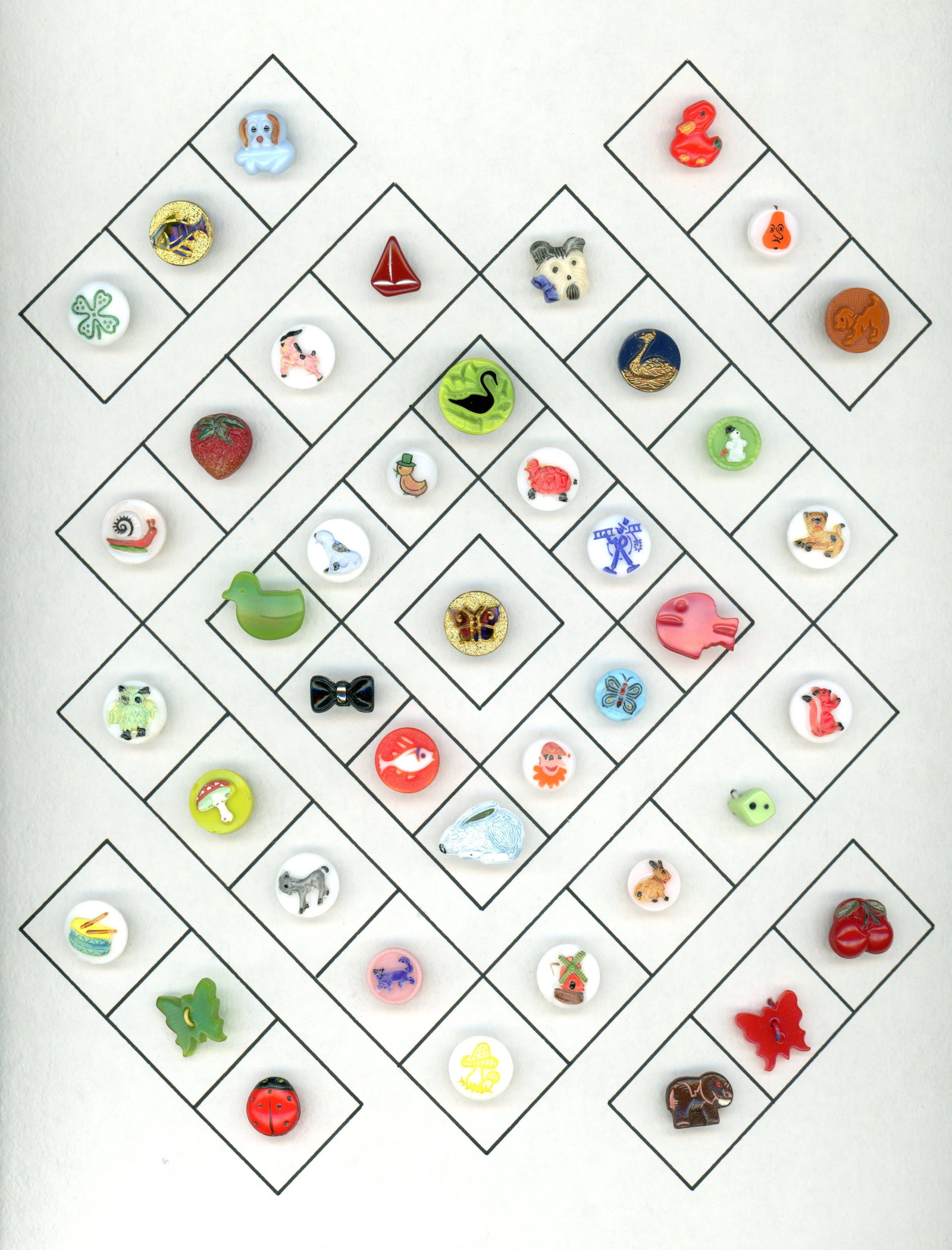 2 CARDS OF DIVISION THREE PICTORIAL GLASS BUTTONS: 84 Small 20th century colorful mostly white "Kiddie Buttons". Here is a large selection of a variety of pictorial examples of these desirable buttons for collectors.