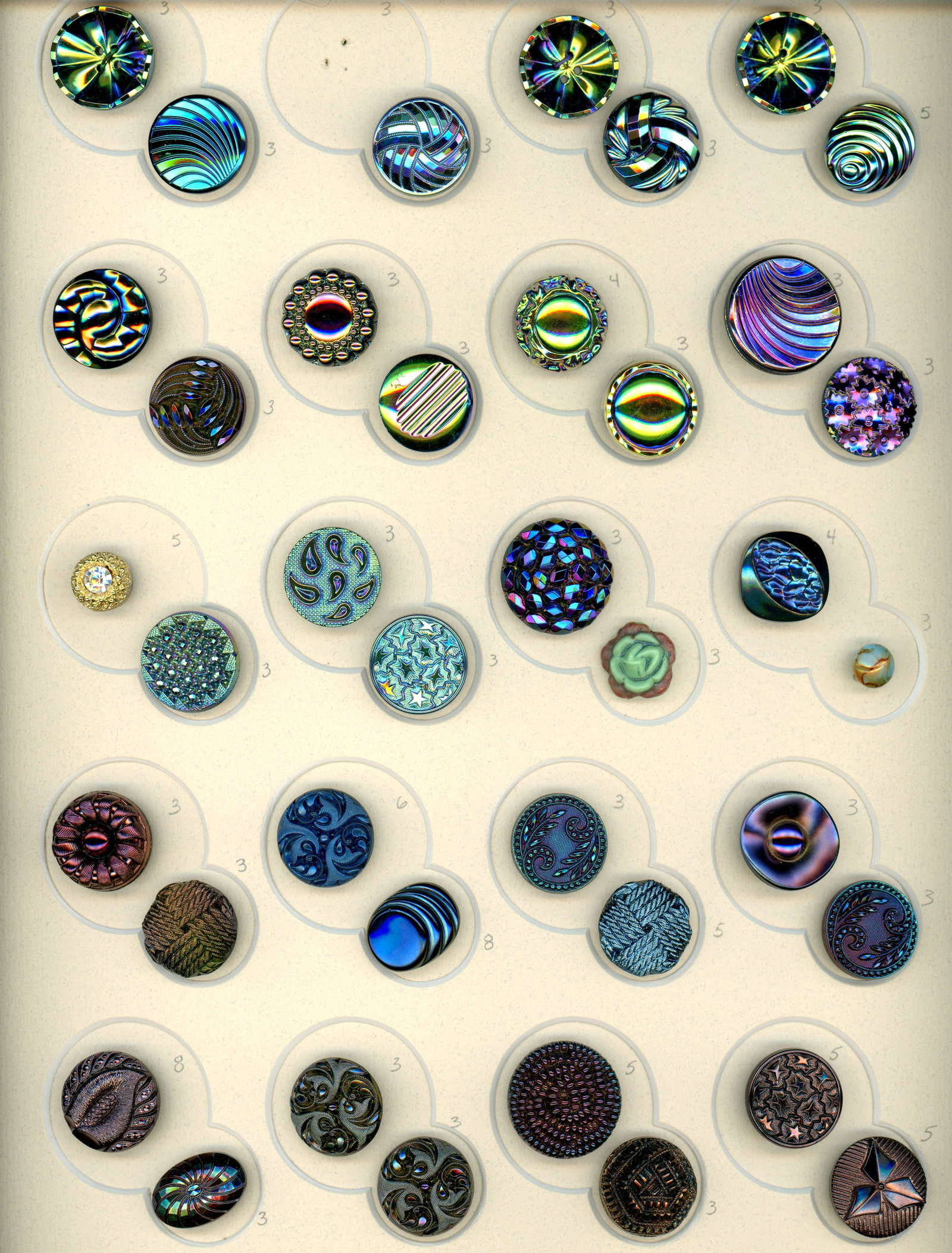 2 CARDS OF DIVISION THREE GLASS BUTTONS: 76 Small/Medium 20th century Wester German Glass examples. DimensionsSM=Less than 3/4", Medium=3/4" to 1 1/4". Large=1 1/4" and above, extra large=1 3/4" and above Date or EraDIVISION 1=PRE 1918 AND D