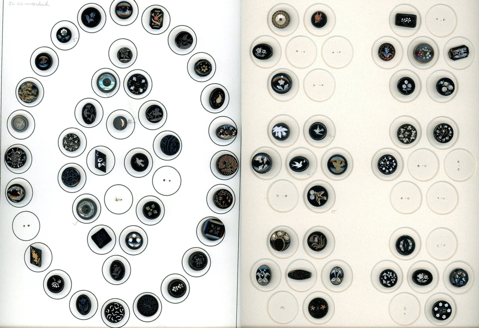 2 CARDS OF DIVISION ONE BLACK GLASS BUTTONS: 69 Small 19th century examples including enameled. These two cards include a variety of black glass techniques and includes a plethora of many pictorial and pattern enameled examples.