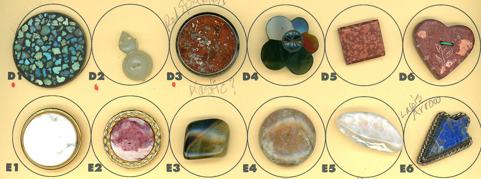 A PARTIAL CARD OF DIVISION 1 & 3 GEMSTONE BUTTONS: 10 Medium/Large 19th/20th century assorted semi precious examples. DimensionsSM=Less than 3/4", Medium=3/4" to 1 1/4". Large=1 1/4" and above, extra large=1 3/4" and above Date or EraDIVISION 1=PRE