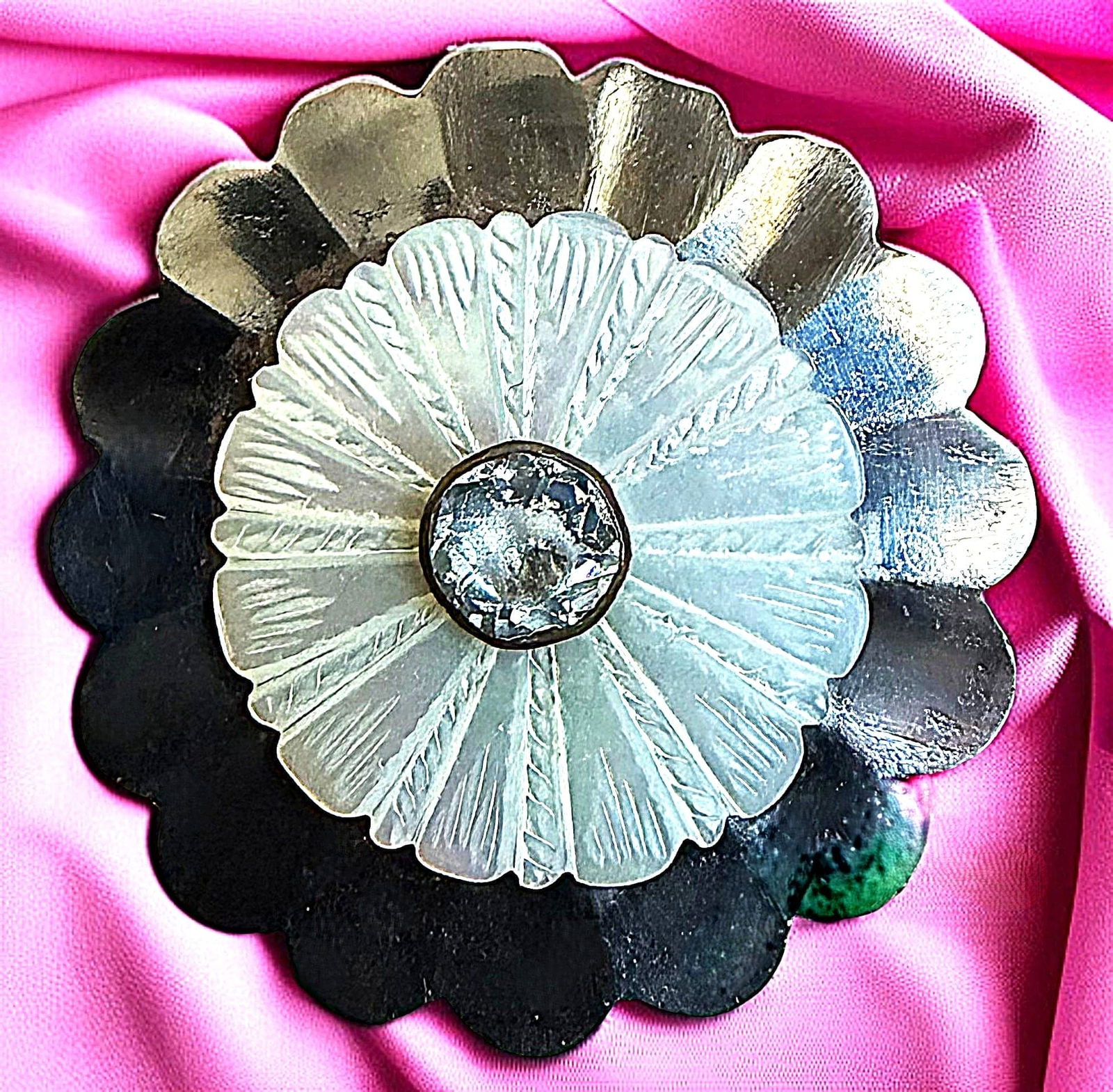 A DIVISION ONE THREE MATERIAL STEEL BUTTON: 1 Large 18th century example with pearl and paste. DimensionsSM=Less than 3/4", Medium=3/4" to 1 1/4". Large=1 1/4" and above, extra large=1 3/4" and above Date or EraDIVISION 1=PRE 1918 AND DIVISION