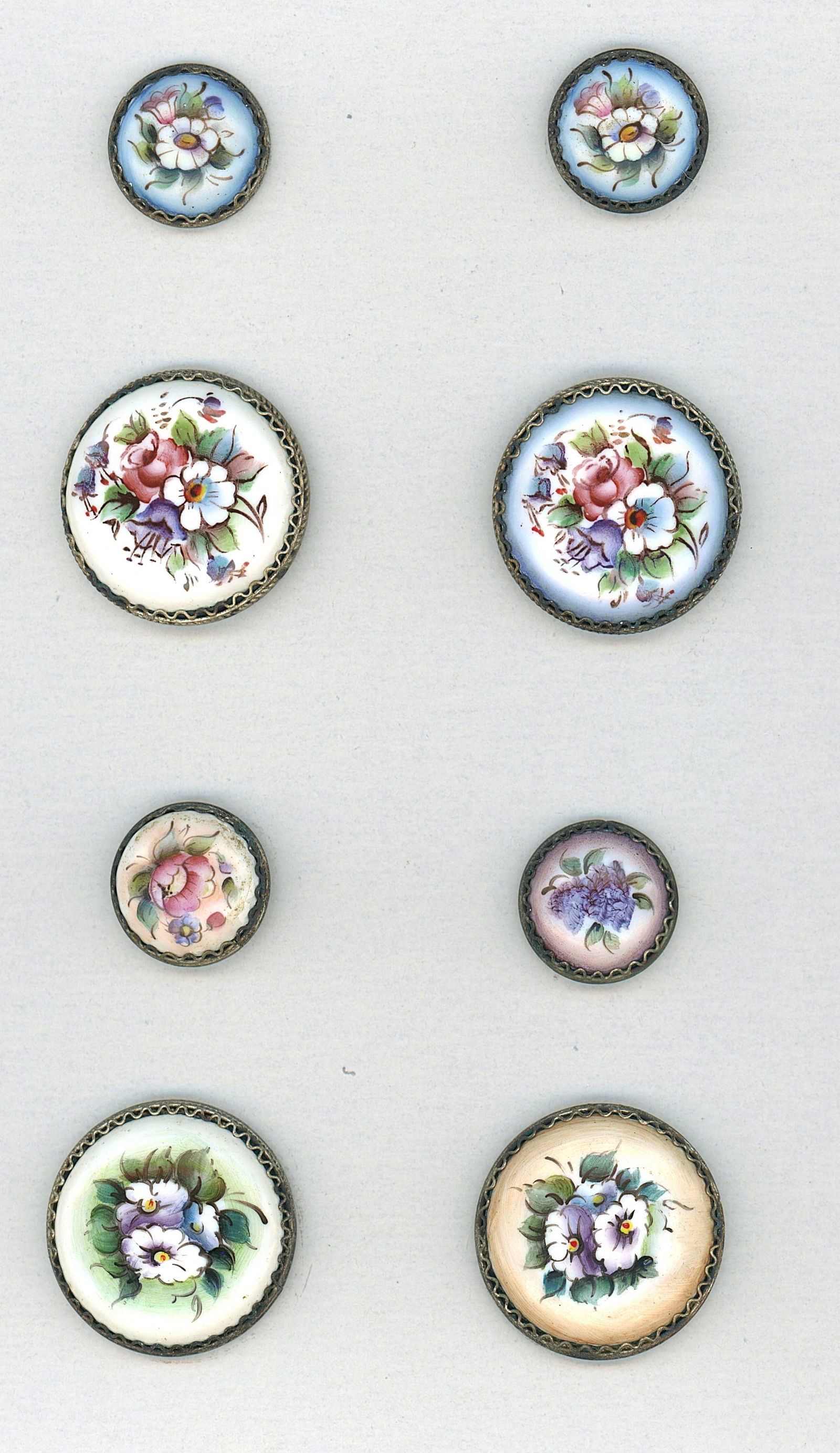 A SMALL CARD OF DIVISION THREE ENAMEL BUTTONS: 8 Small/Medium 20th century hand painted examples in silver. DimensionsSM=Less than 3/4", Medium=3/4" to 1 1/4". Large=1 1/4" and above, extra large=1 3/4" and above Date or EraDIVISION 1=PRE 1918 AND