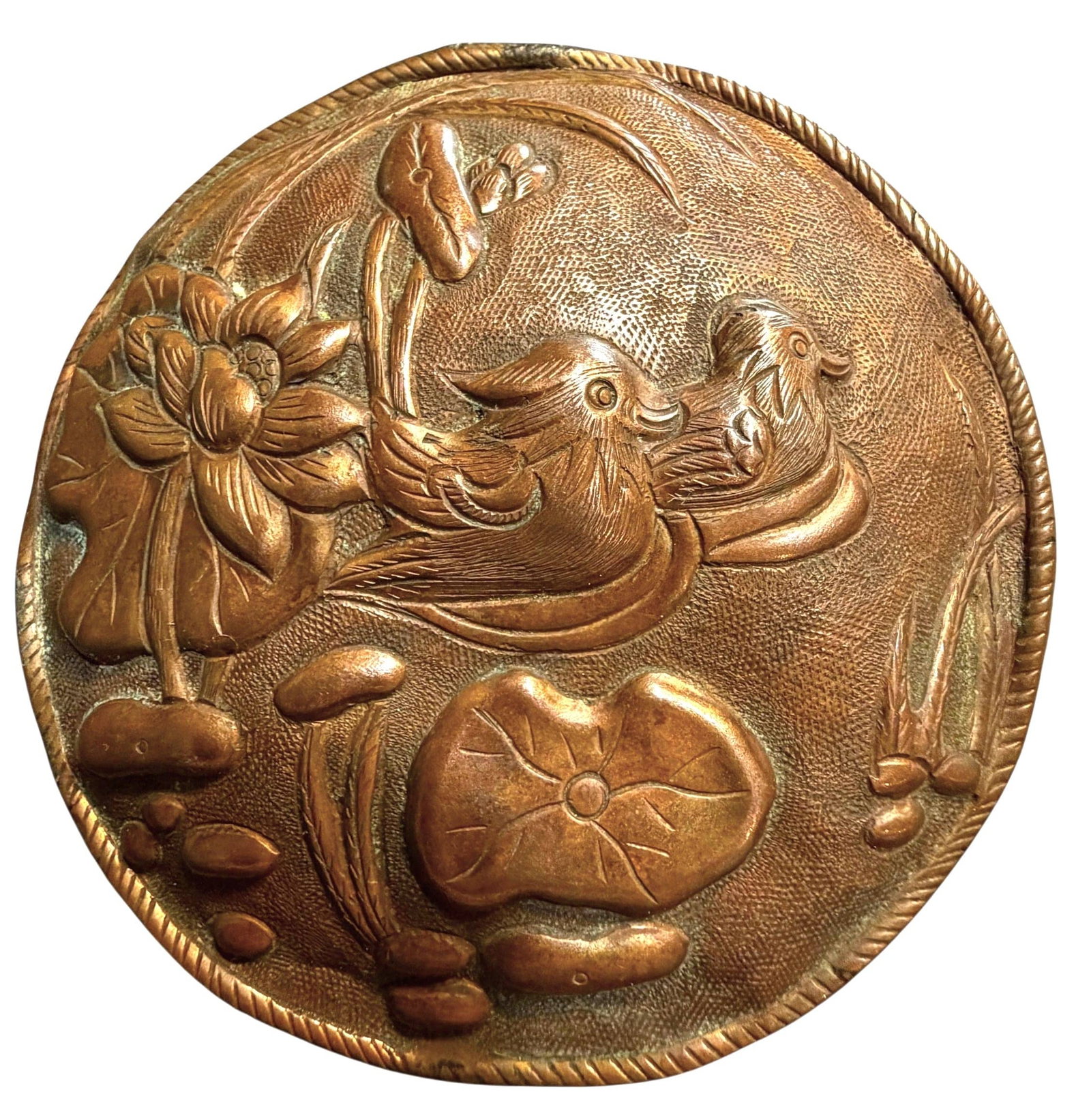 A DIVISION ONE REPOUSSE COPPER BUTTON: 1 Extra large approx. 4" copper Chinese ducks button. DimensionsSM=Less than 3/4", Medium=3/4" to 1 1/4". Large=1 1/4" and above, extra large=1 3/4" and above Date or EraDIVISION 1=PRE 1918 AND DIVISI